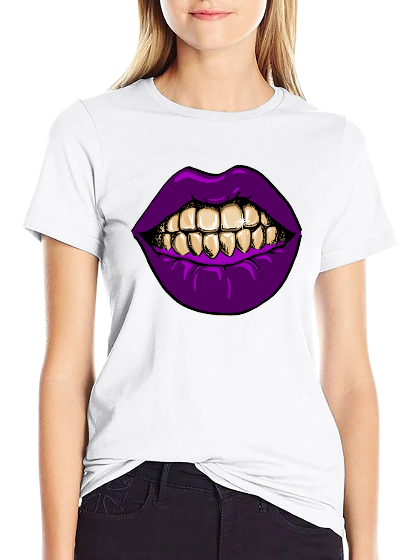 Black Purple Lips Gold Teeth Graphic Black T-Shirt view 9