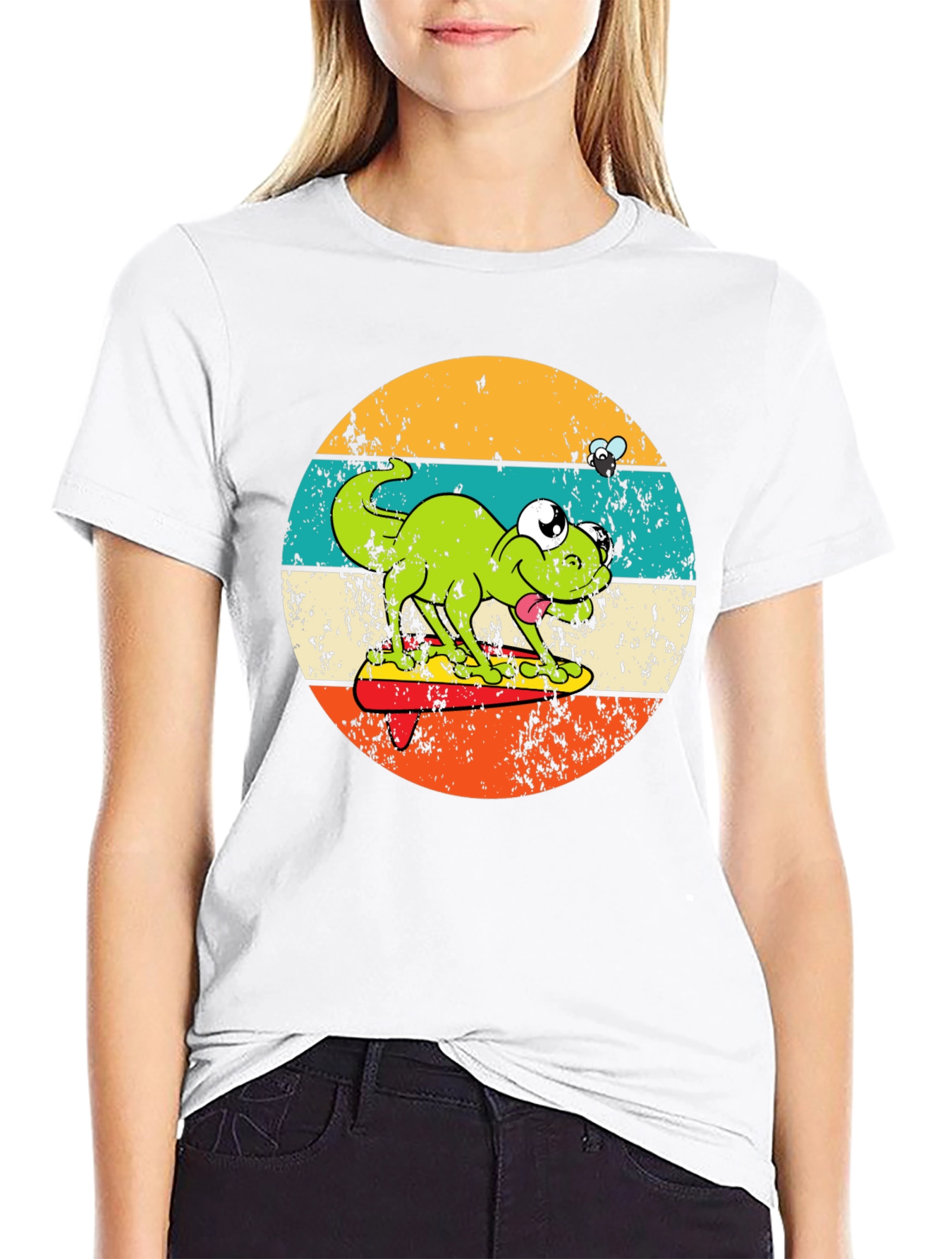 Black Retro Frog Surfing T-Shirt - Unique Graphic Tee view 9