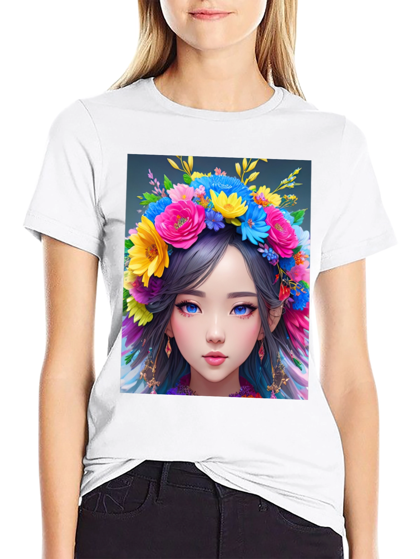 Black Floral Crown Girl Graphic T-Shirt view 9