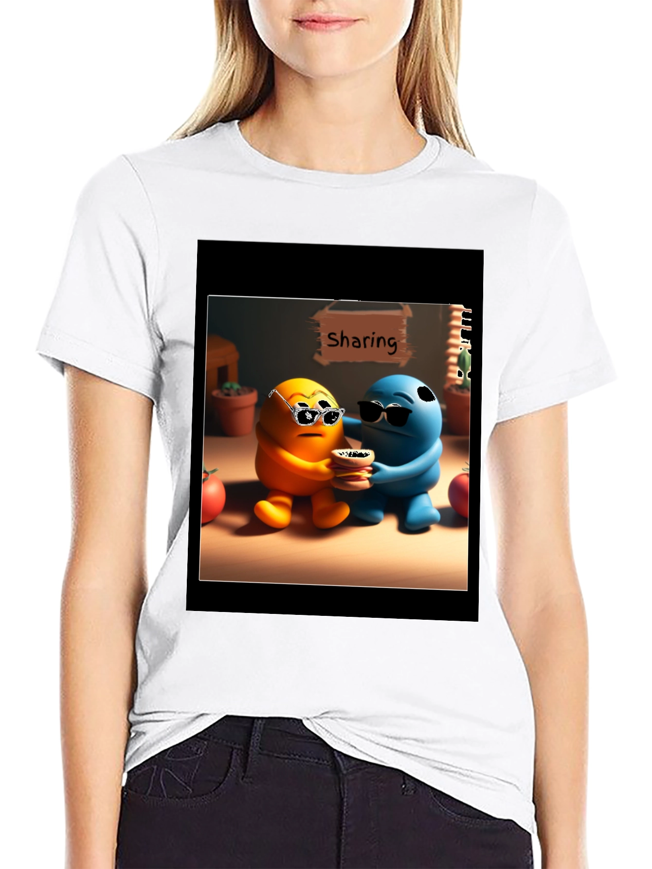 Black Sharing Cartoon Character Graphic Tee - Black view 9