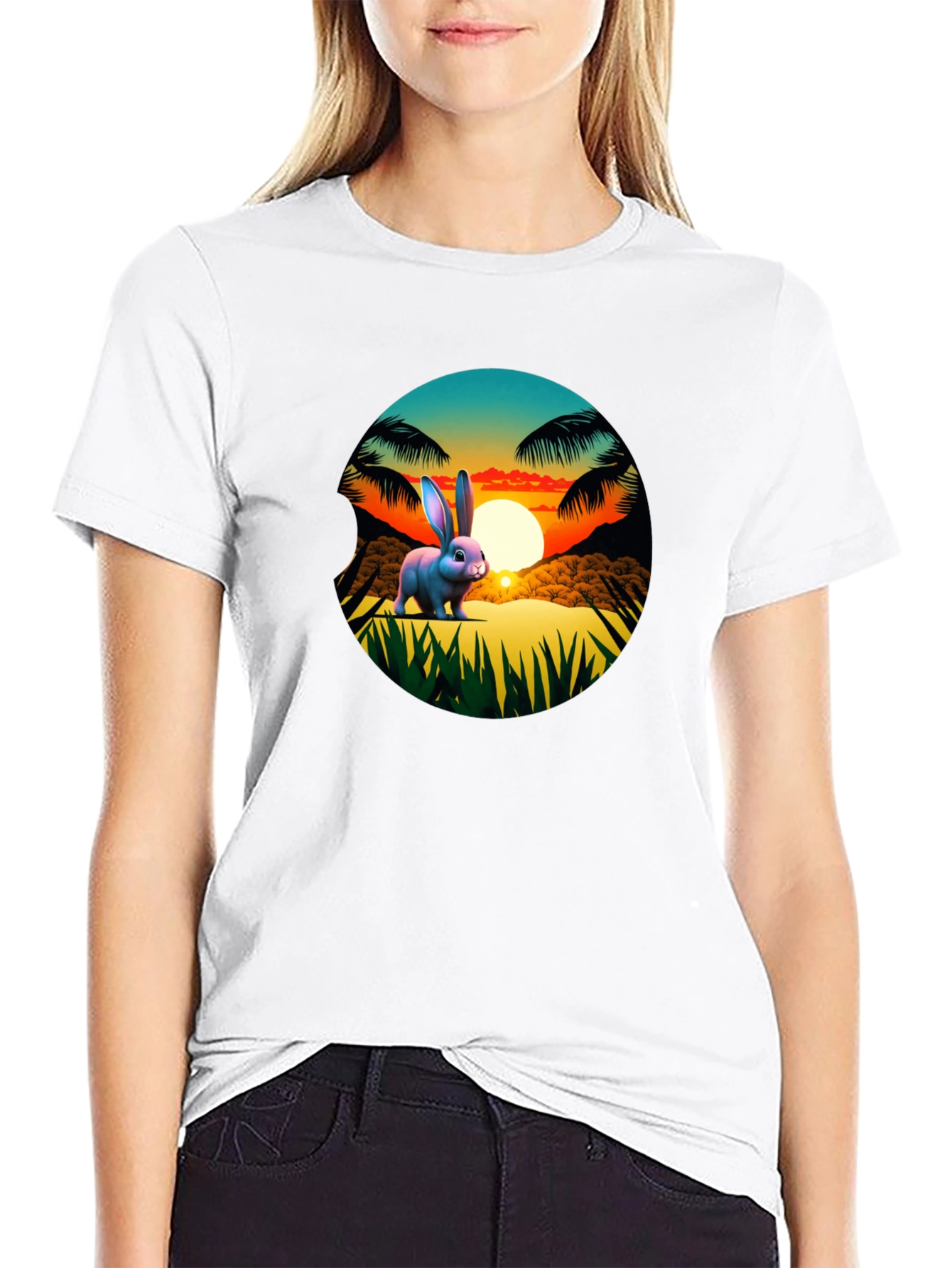 Black Tropical Bunny Sunset Graphic Tee view 9
