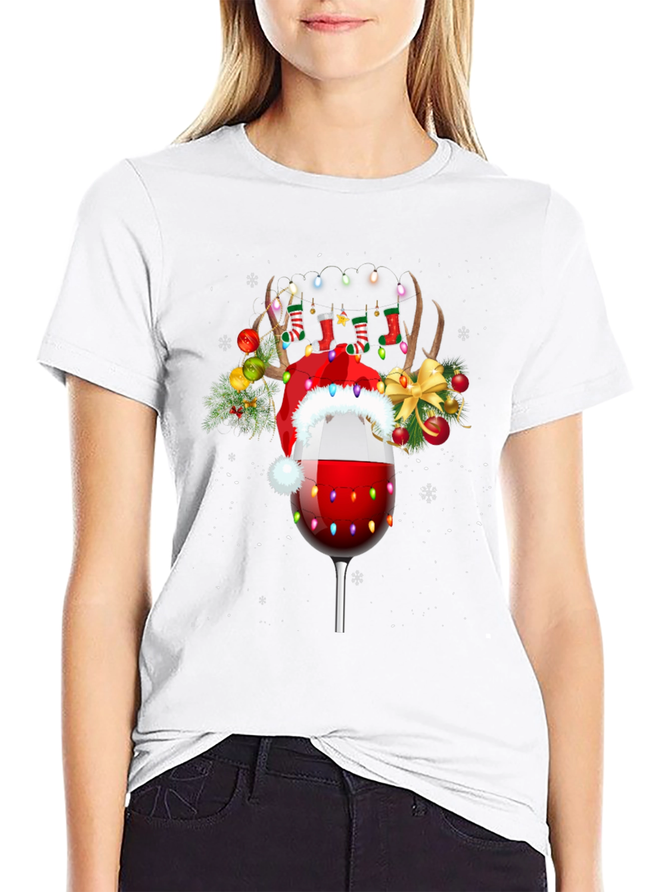 Black Festive Wine Glass Christmas T-Shirt view 9