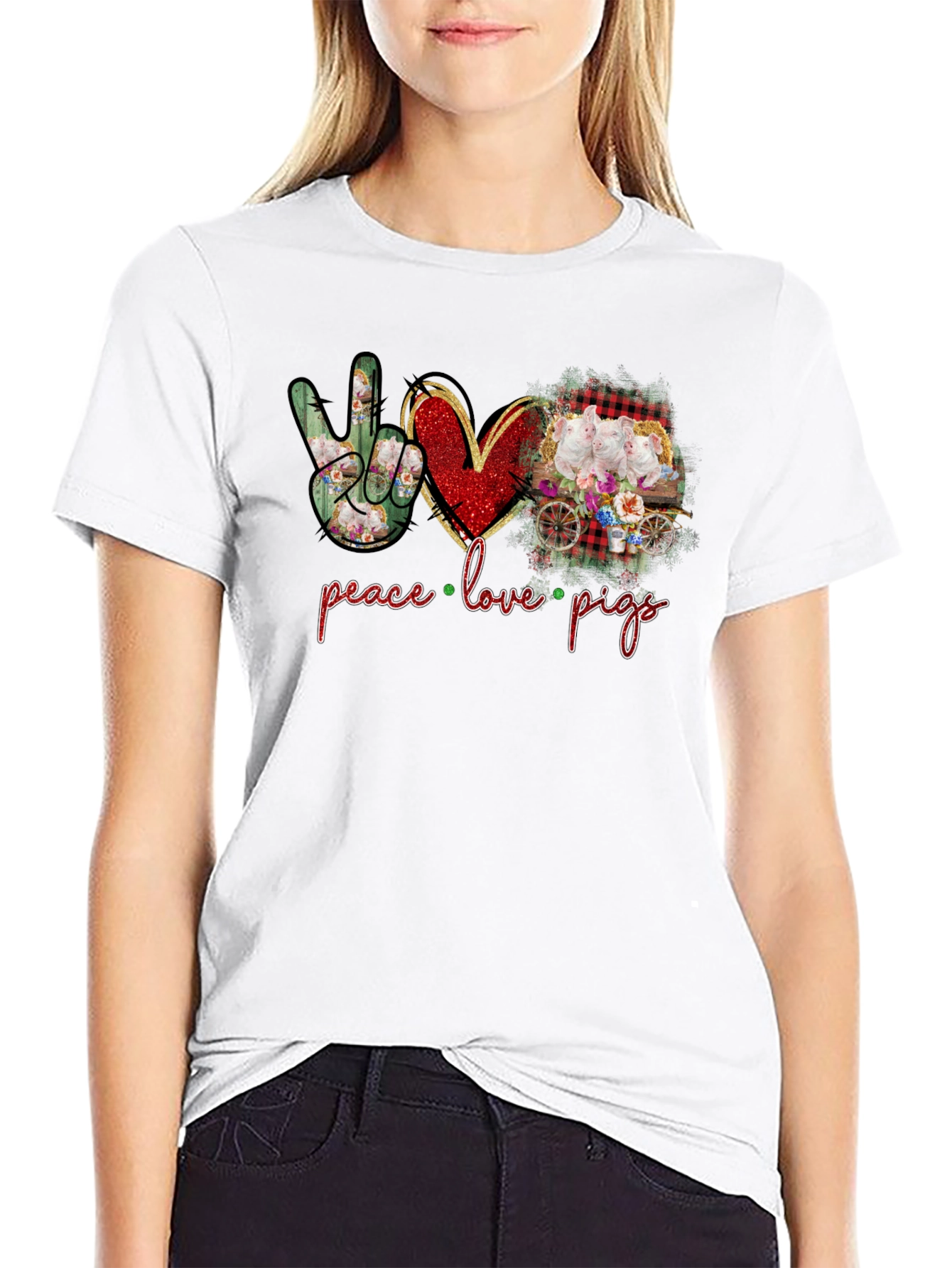 Black Peace Love Pigs Graphic T-Shirt view 9