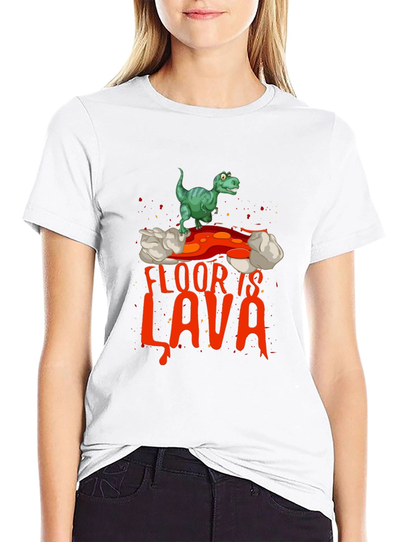 Black Funny 'The Floor is Lava' Dinosaur Graphic Tee view 9