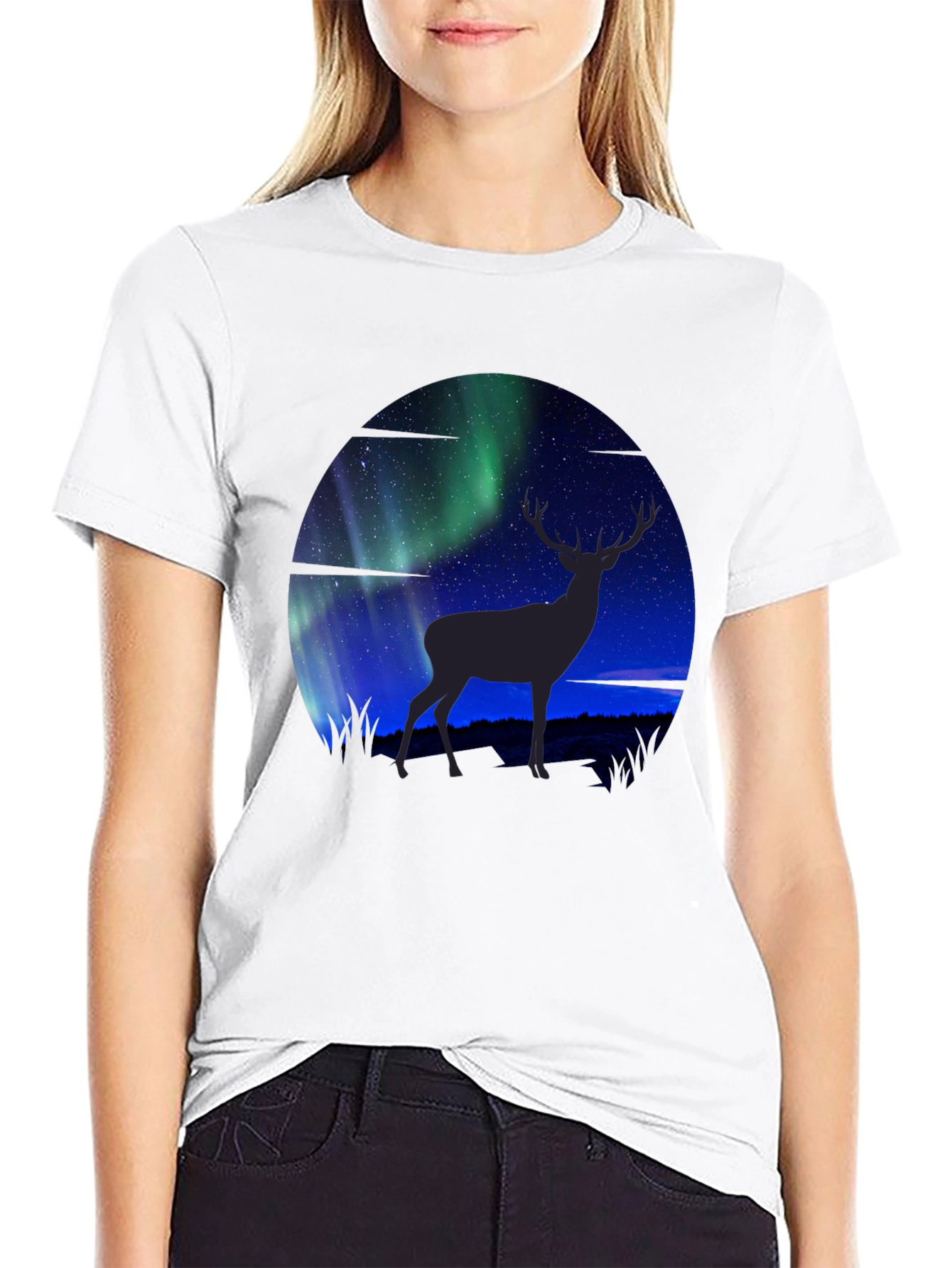 Black Aurora Deer Graphic T-Shirt view 9