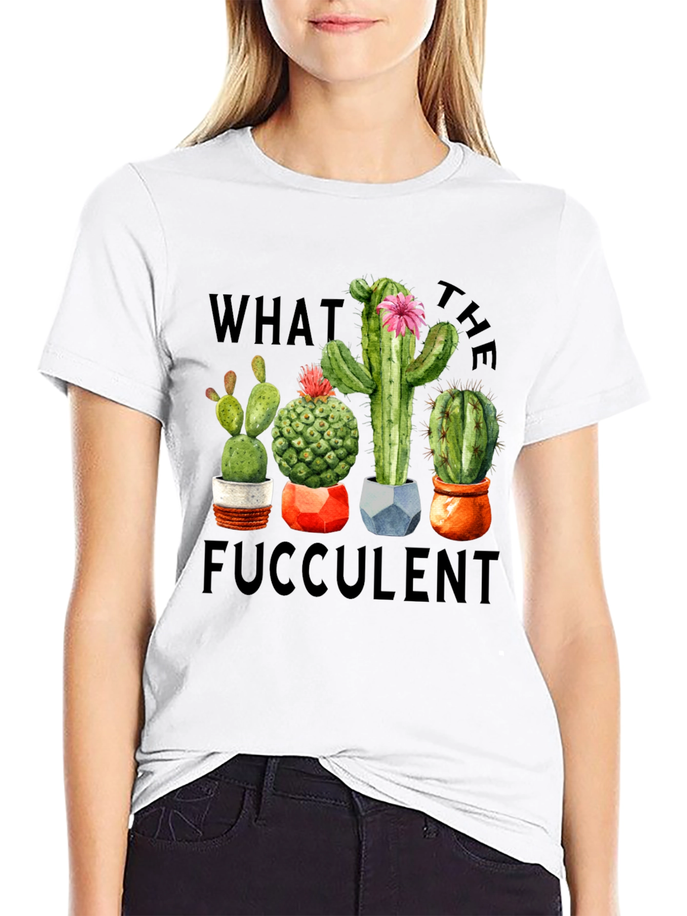 Black "What the Fucculent" Cactus Graphic T-Shirt view 9
