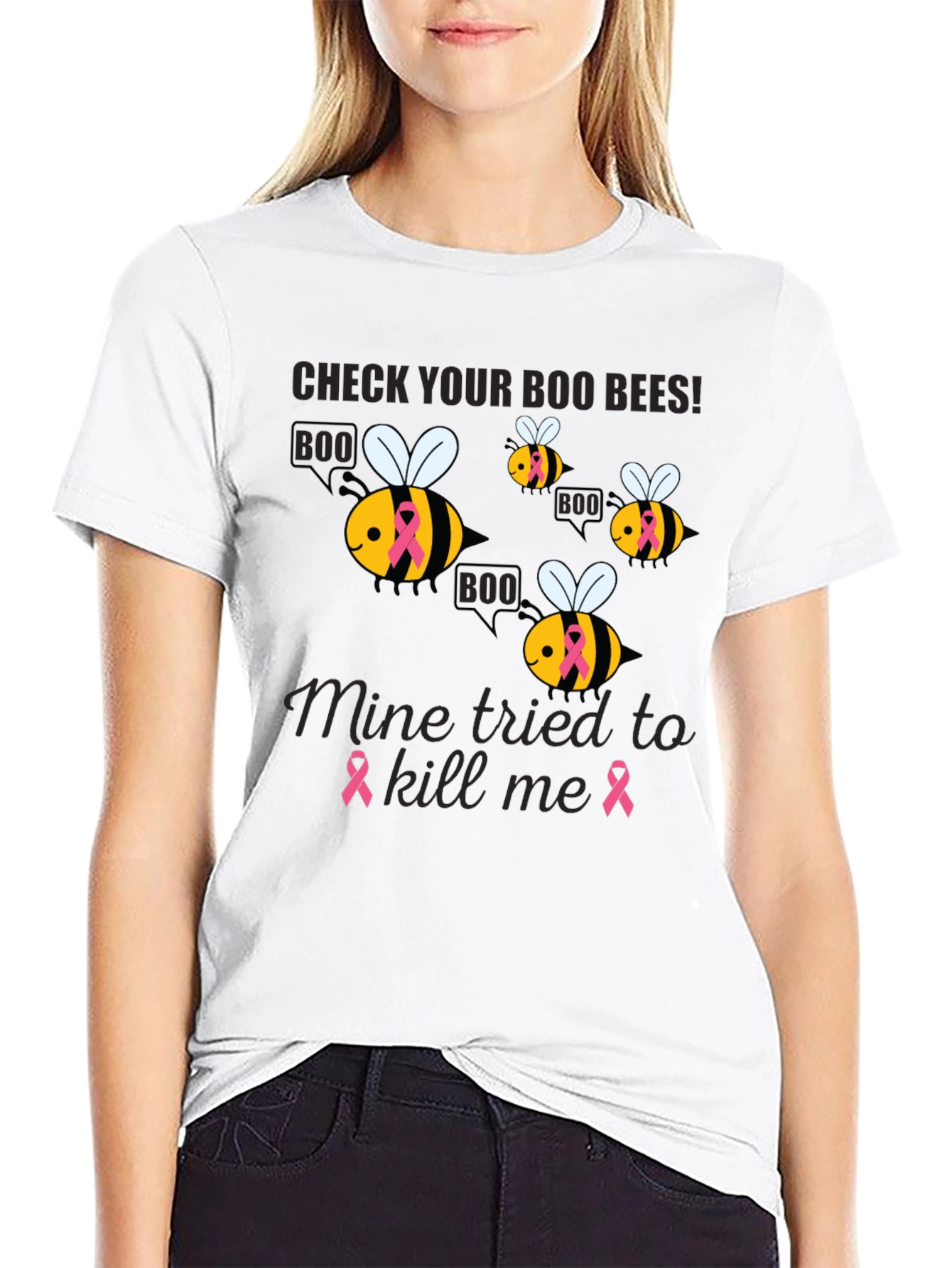 Black Check Your Boo Bees Breast Cancer Awareness T-Shirt view 9