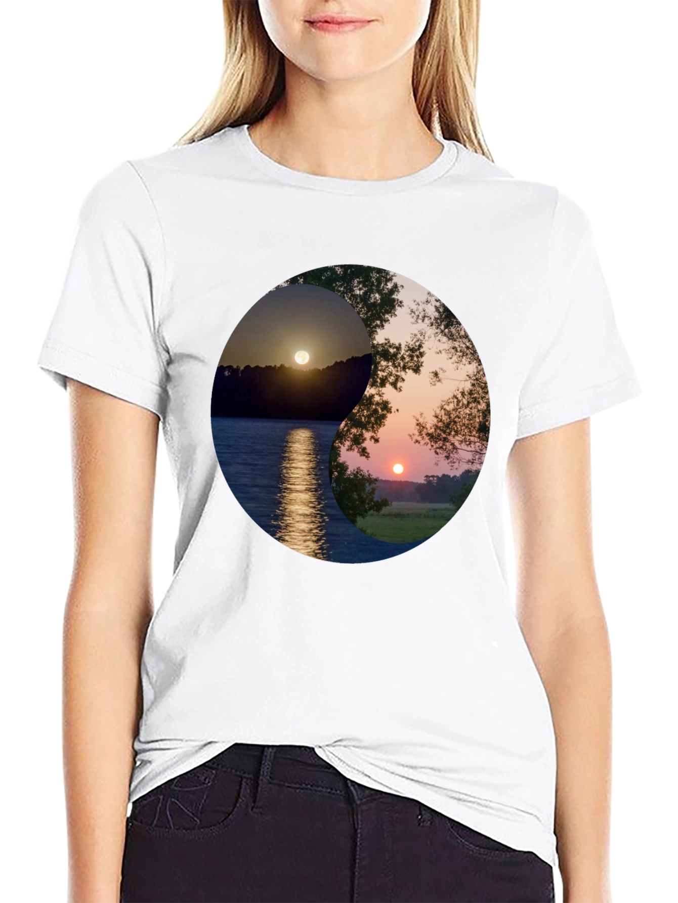 Black Yin Yang Sunset Graphic T-Shirt view 9