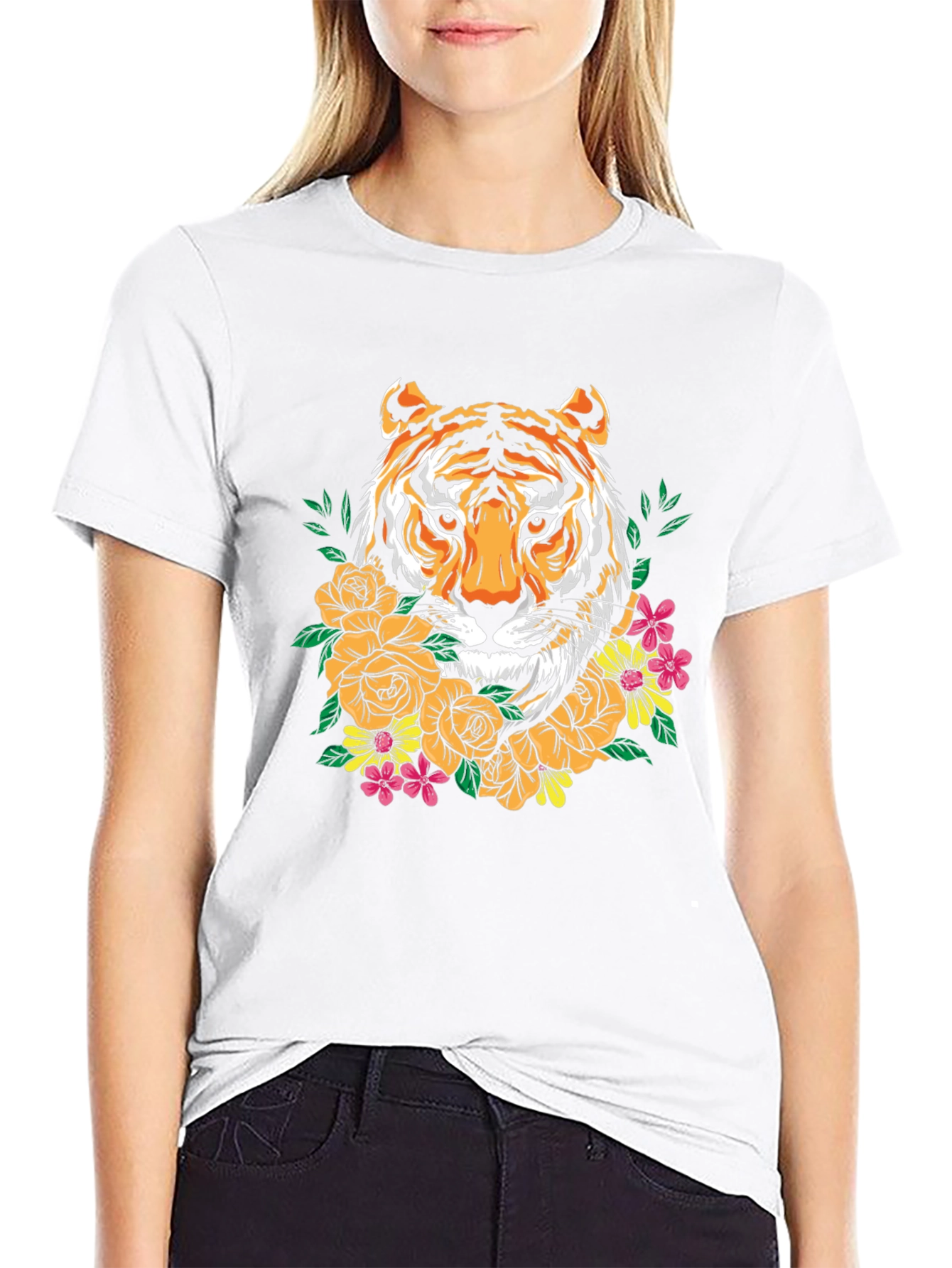 Black Tiger Floral Graphic Print Crew Neck T-Shirt view 9