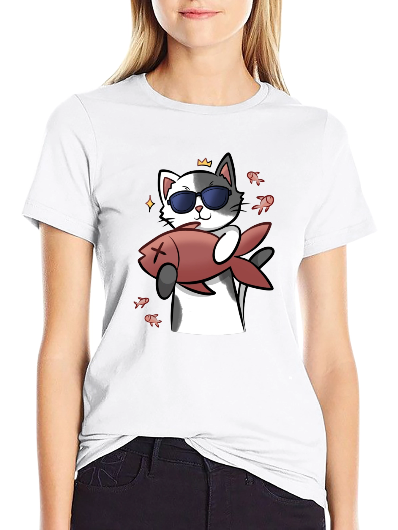 Black Cool Cat With Fish Graphic Tee - Black view 9
