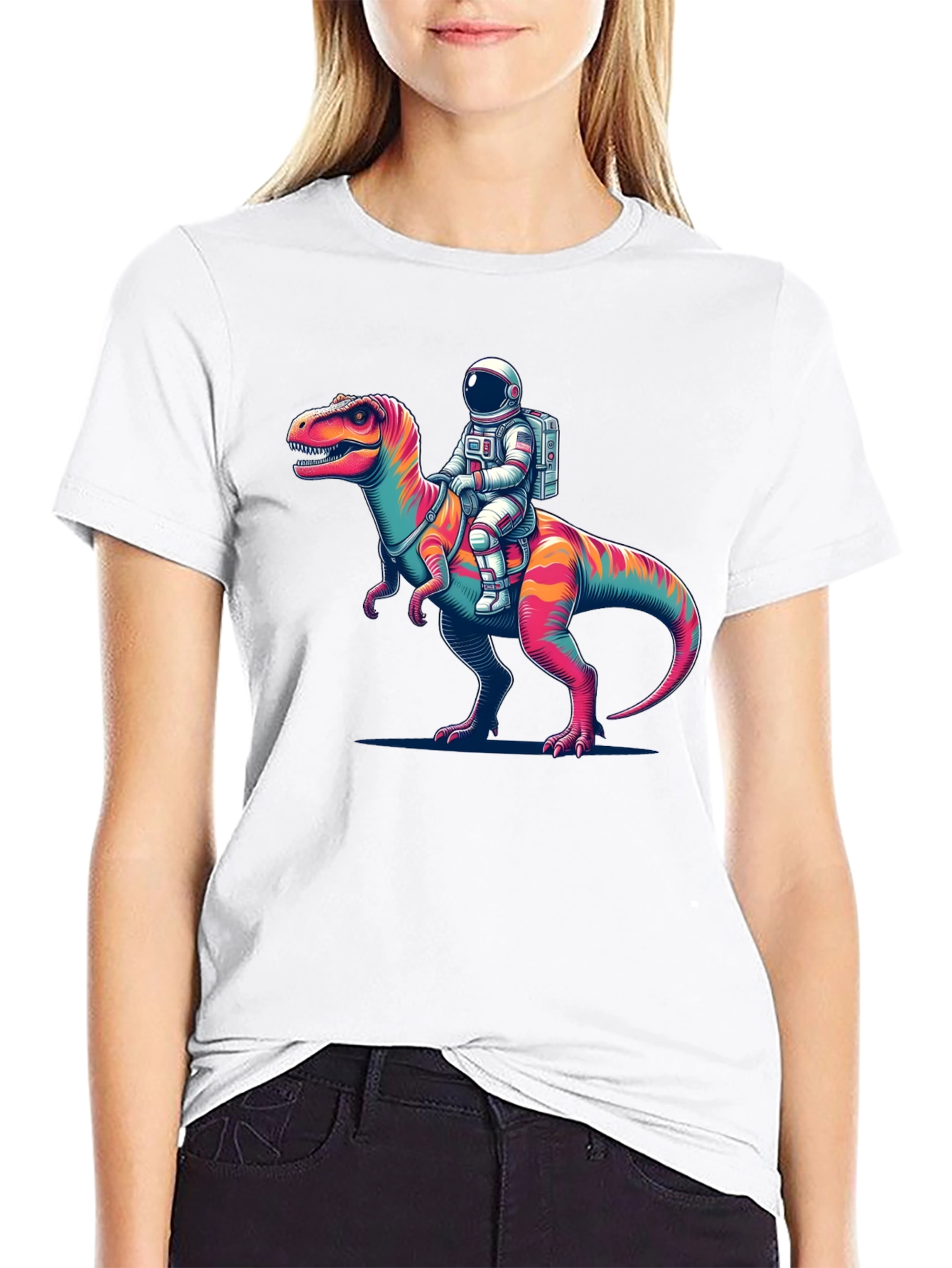 Black Astronaut Riding Dinosaur Graphic Tee view 9