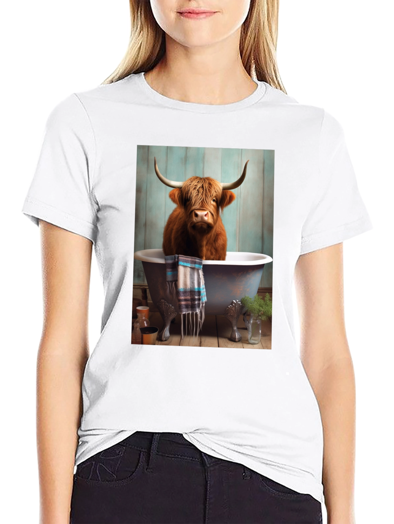 Black Highland Cow in Bathtub T-Shirt view 9