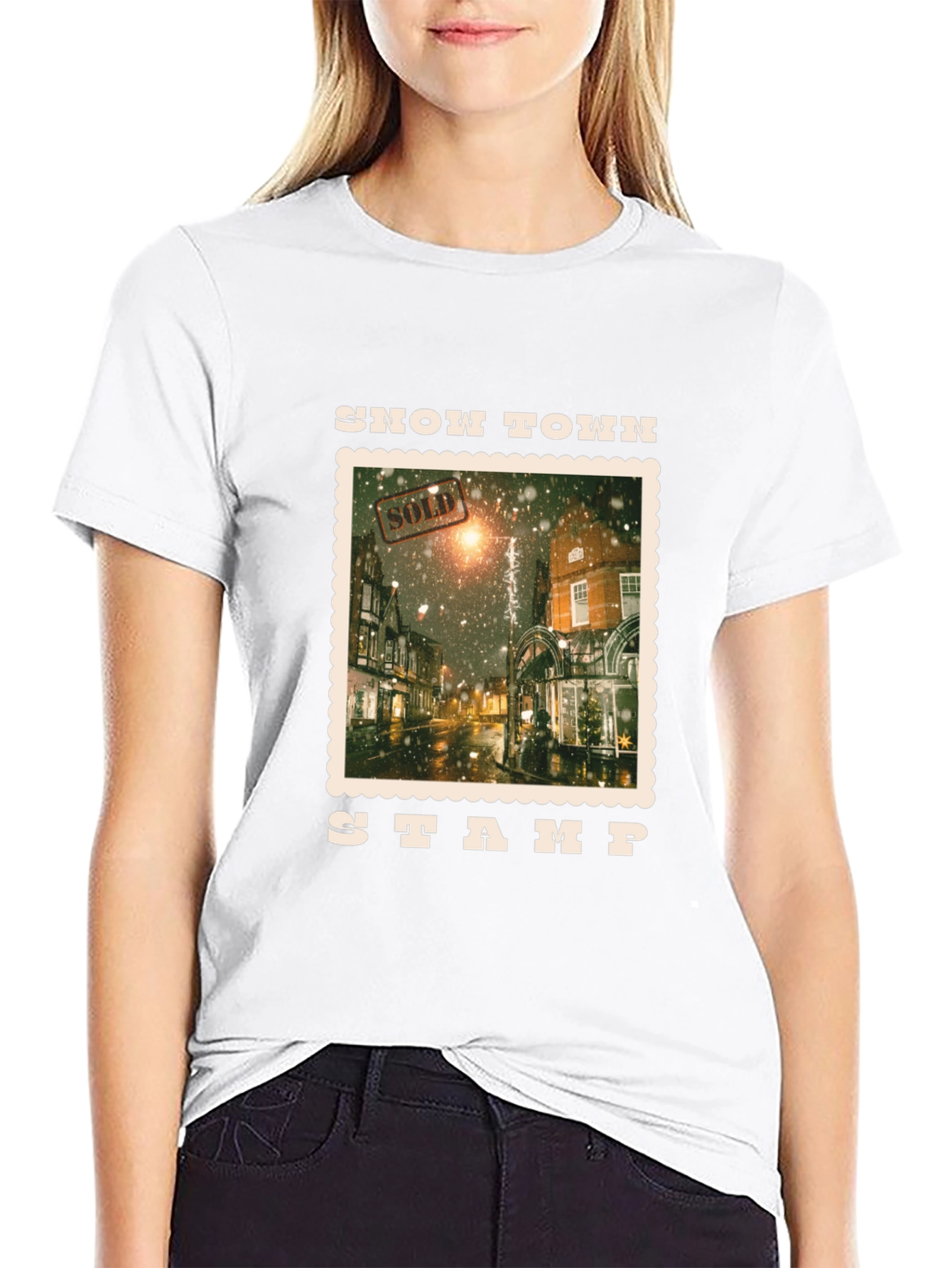 Black Snow Town Stamp Black T-Shirt view 9