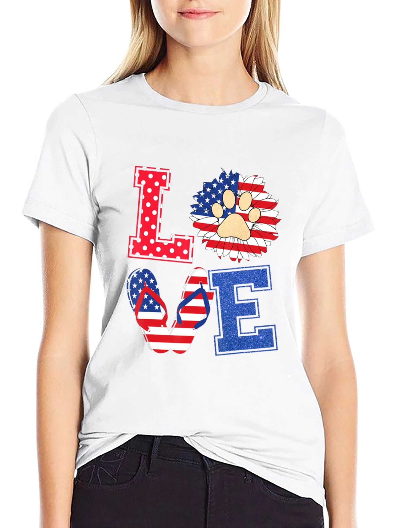 Patriotic LOVE T-Shirt, Paw Print, Flip Flops, USA Flag - 9