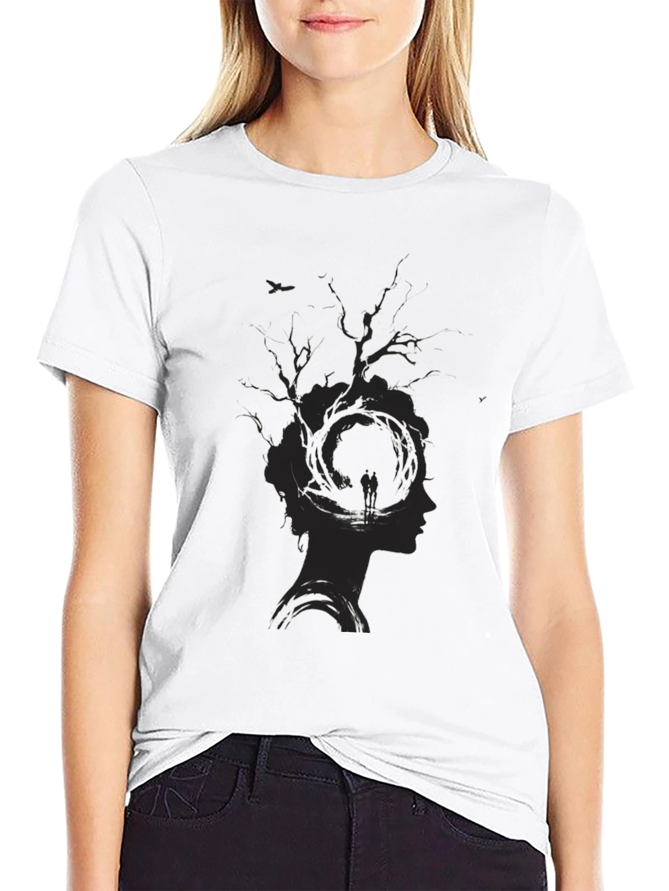 Black Unique Tree Silhouette Graphic Print Black T-Shirt view 9