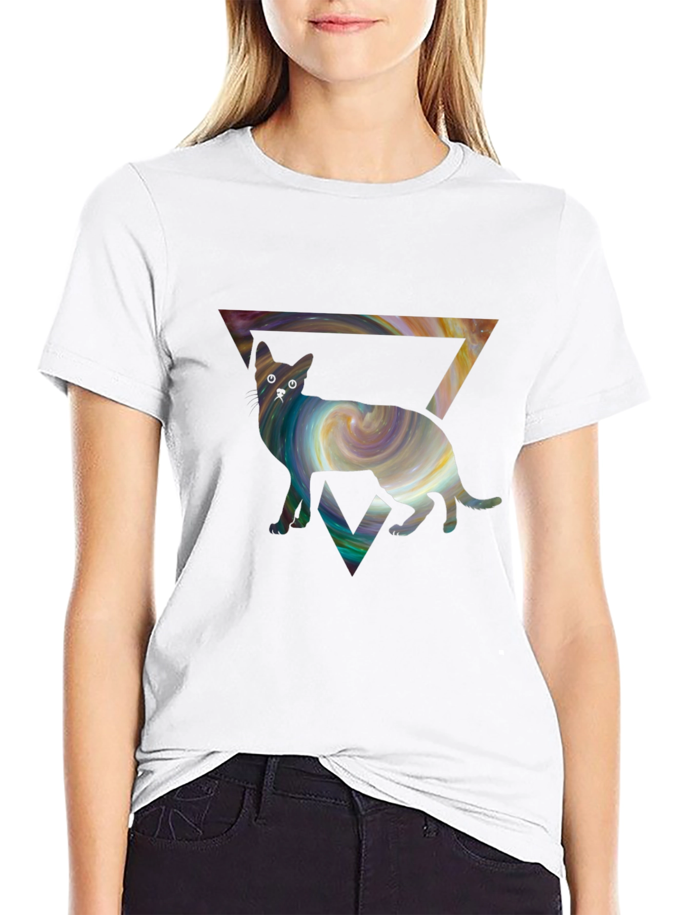 Black Cosmic Cat Triangle T-Shirt - Unique Graphic Tee view 9