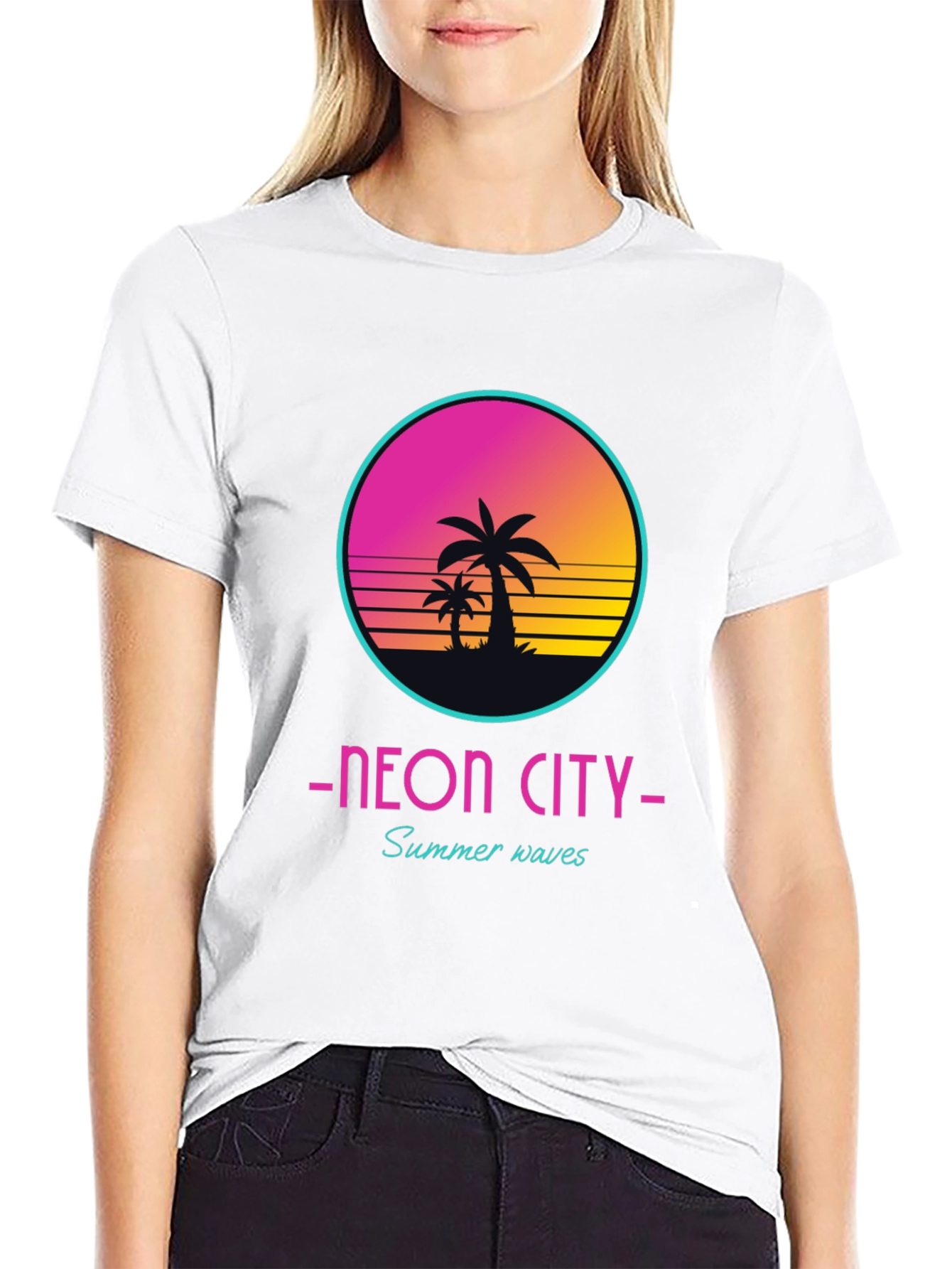 Black Neon City Summer Waves Graphic Tee view 9
