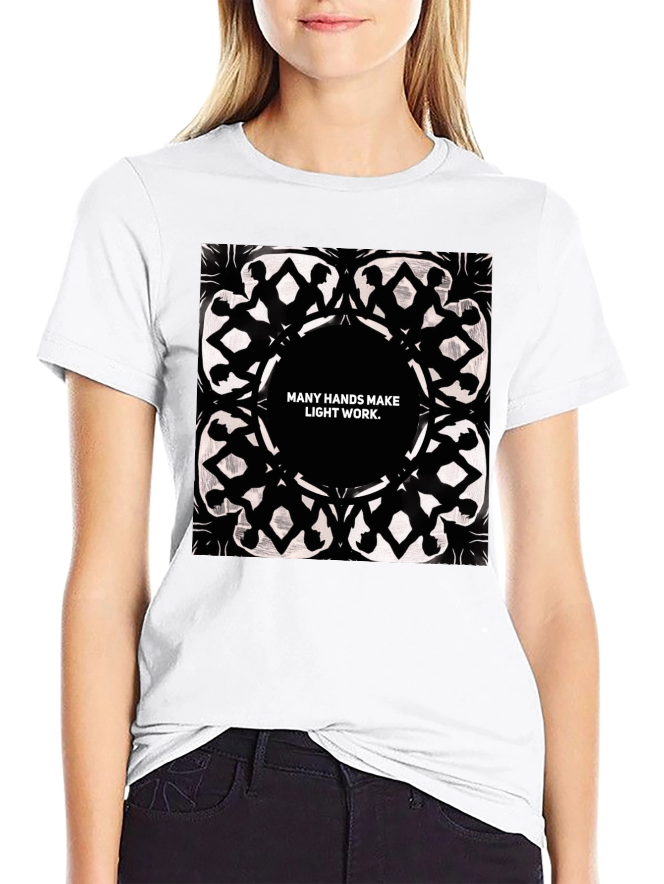 Black Unity Hands Tee - Many Hands Make Light Work Graphic T-Shirt view 9