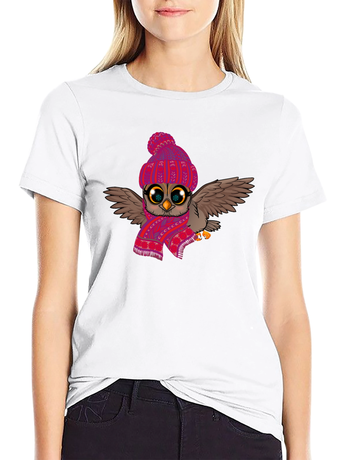 Black Winter Owl T-Shirt: Cute Cartoon Bird with Scarf & Hat view 9
