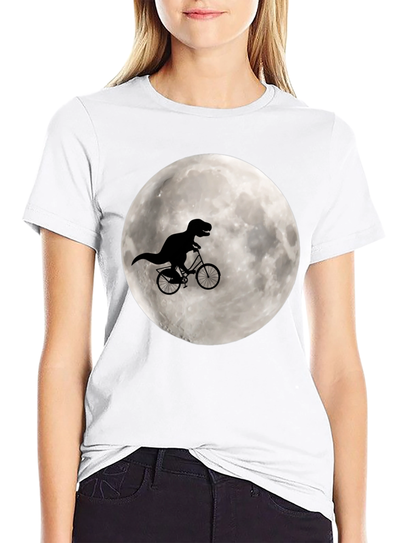 Black Dino Biker Tee - T-Rex Riding Bike on Moon Shirt view 9