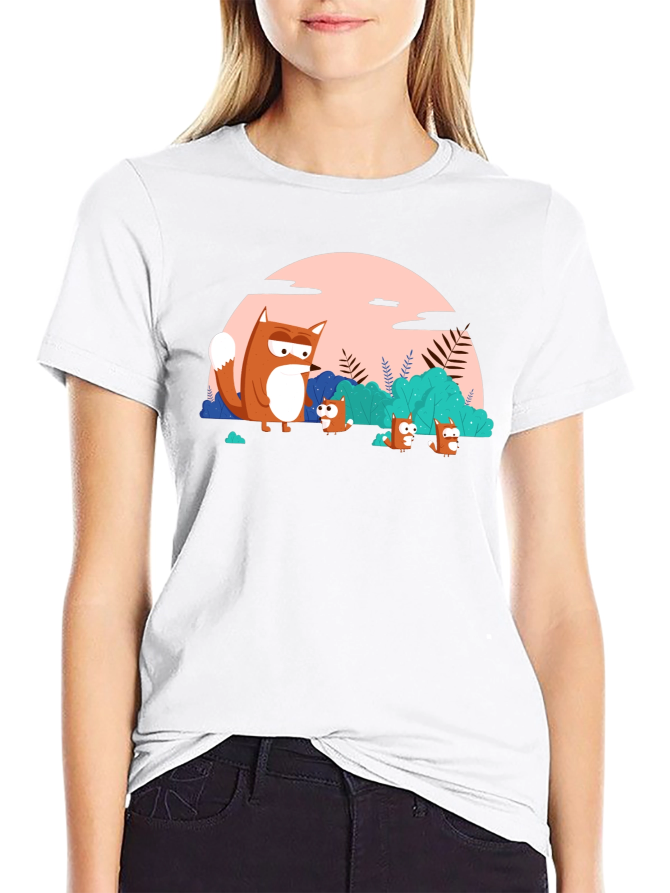 Black Cartoon Fox Family Black T-Shirt view 9