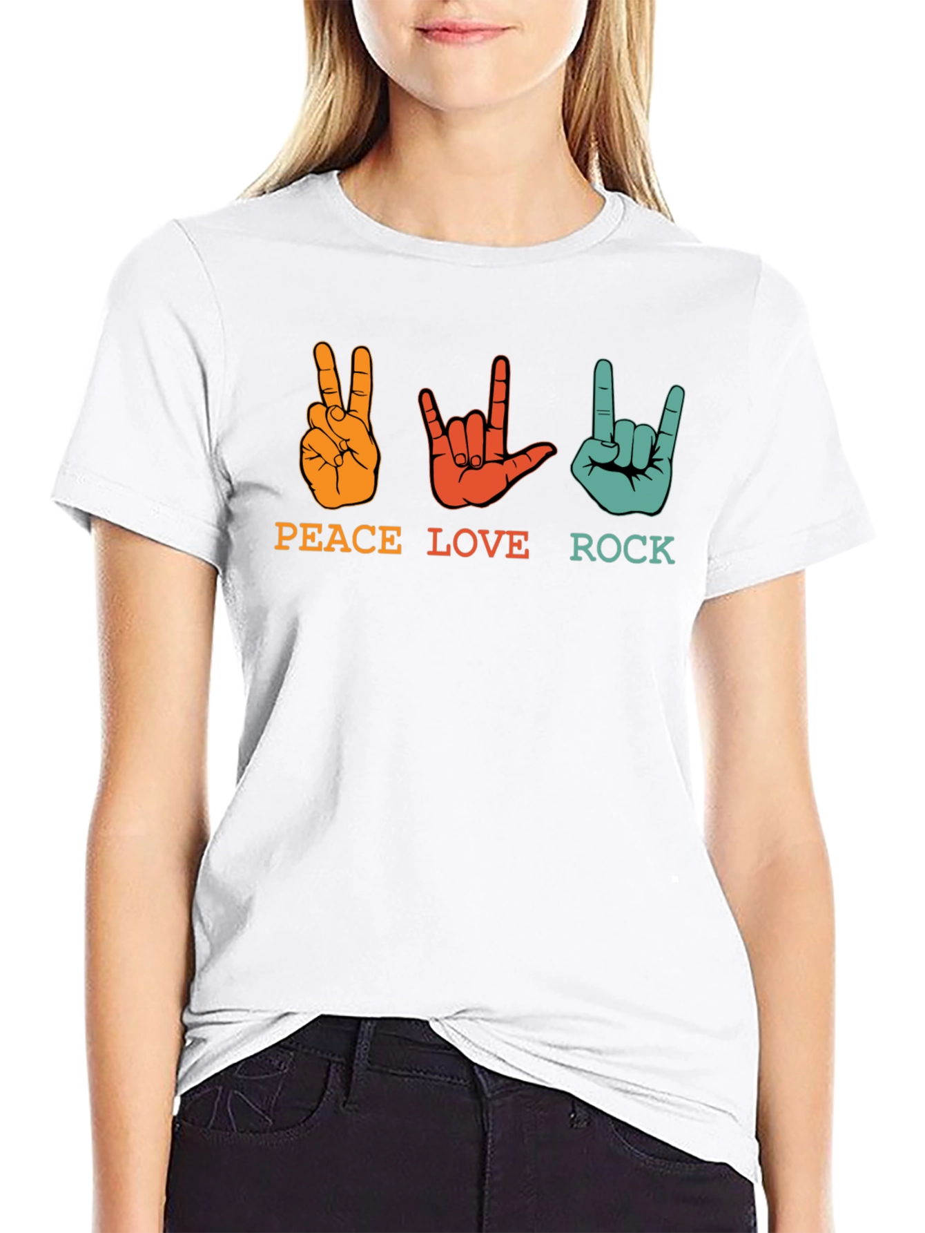 Black Peace Love Rock Graphic Tee - Black Unisex T-Shirt view 9