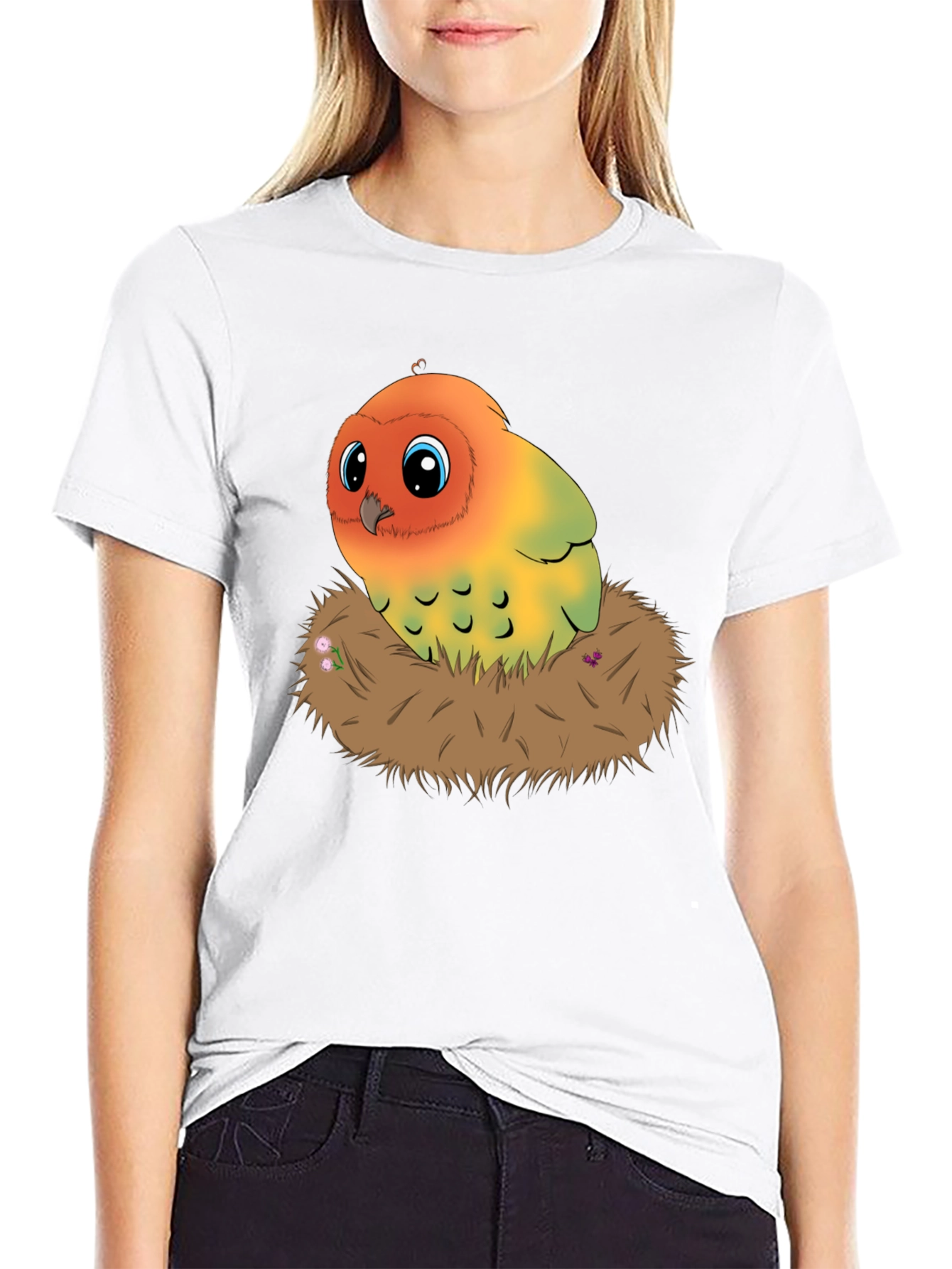 Black Cute Lovebird in Nest Graphic Tee view 9