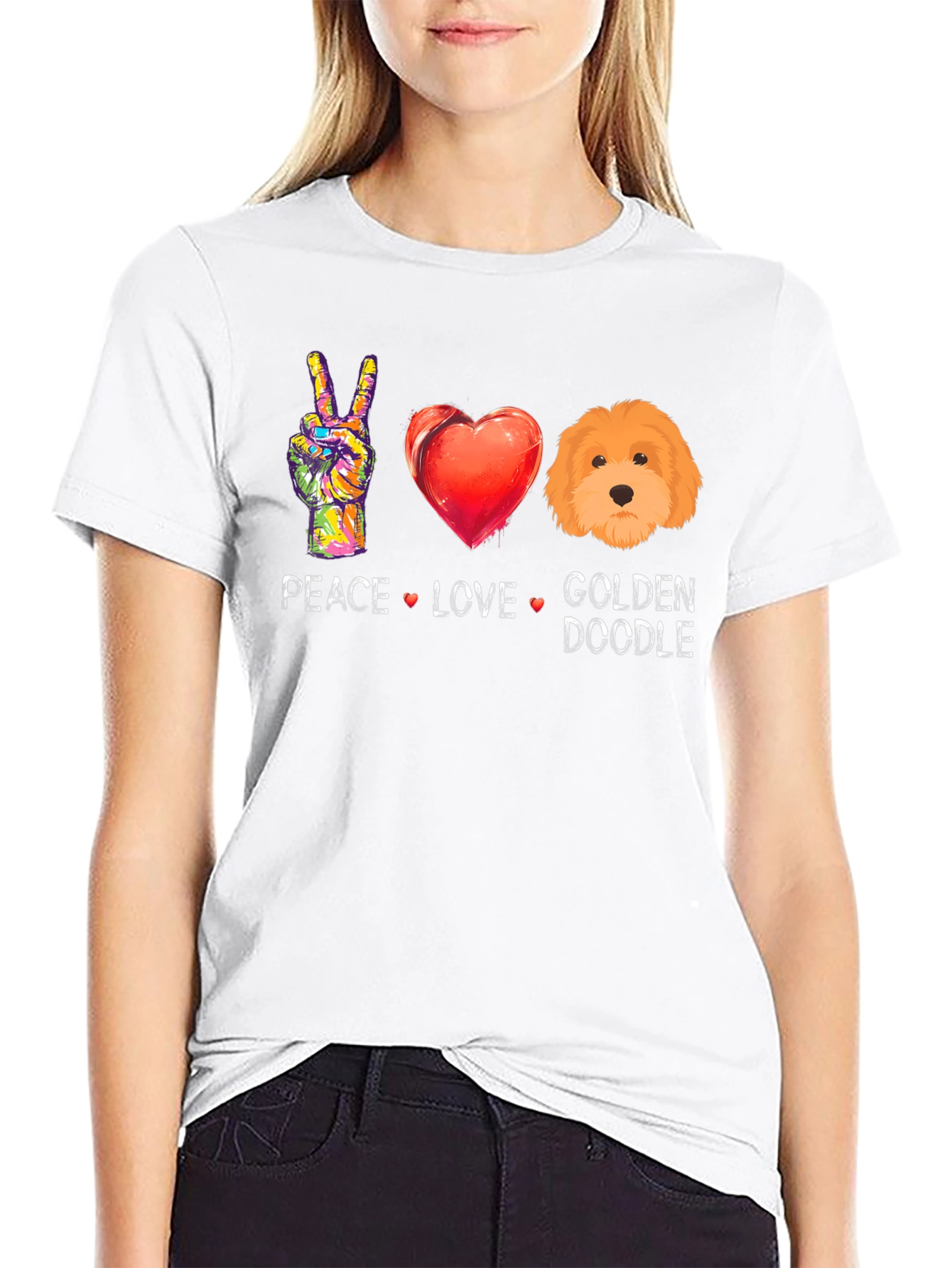 Black Peace Love Golden Doodle T-Shirt view 9