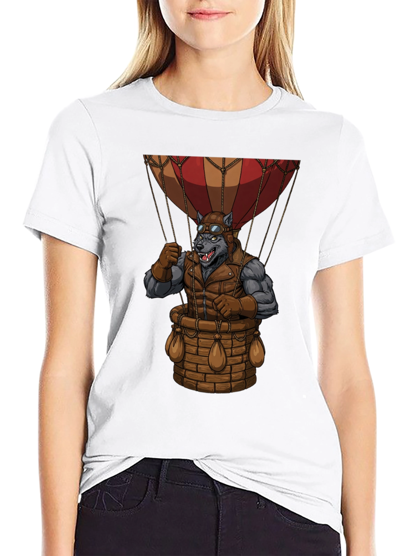 Black Steampunk Wolf Hot Air Balloon Graphic T-Shirt view 9