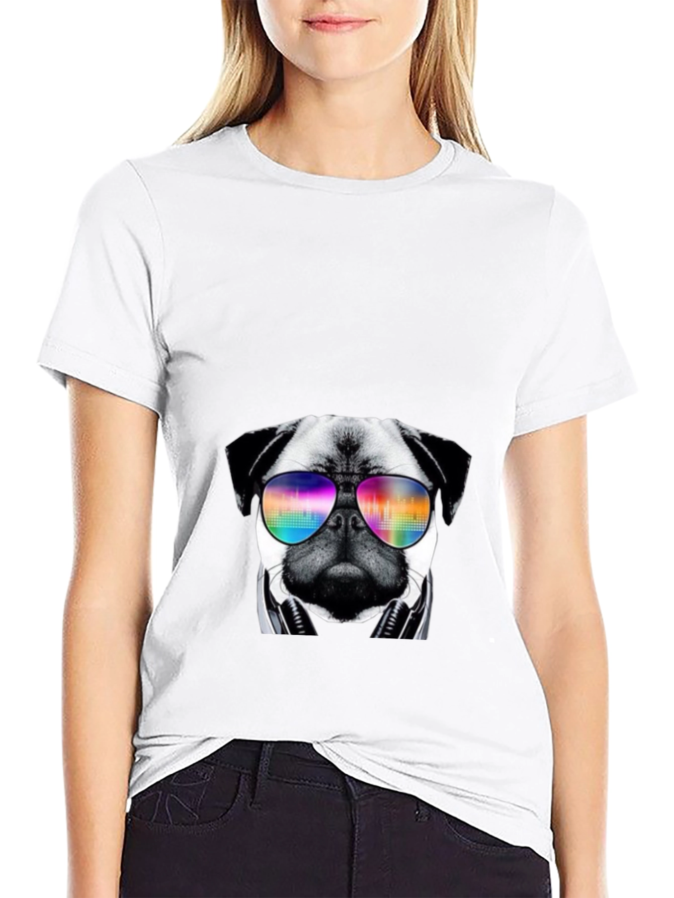 Black Cool Pug T-Shirt with Headphones and Sunglasses view 9