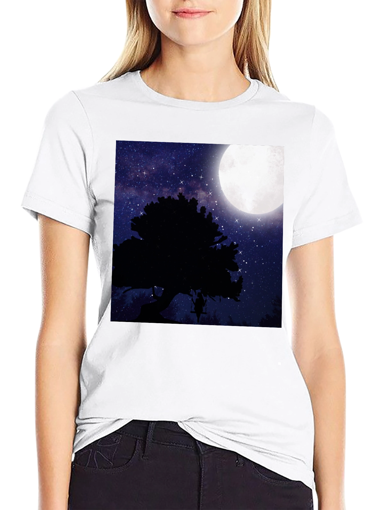Black Moonlit Swing T-Shirt - Night Sky Tree Silhouette view 9