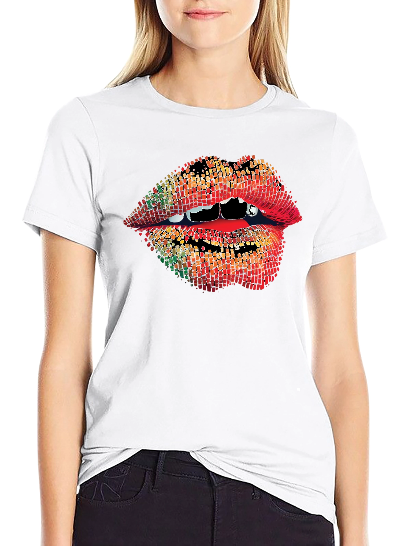 Black Vampire Lips Graphic Tee - Unique Pixelated Mouth Design view 9