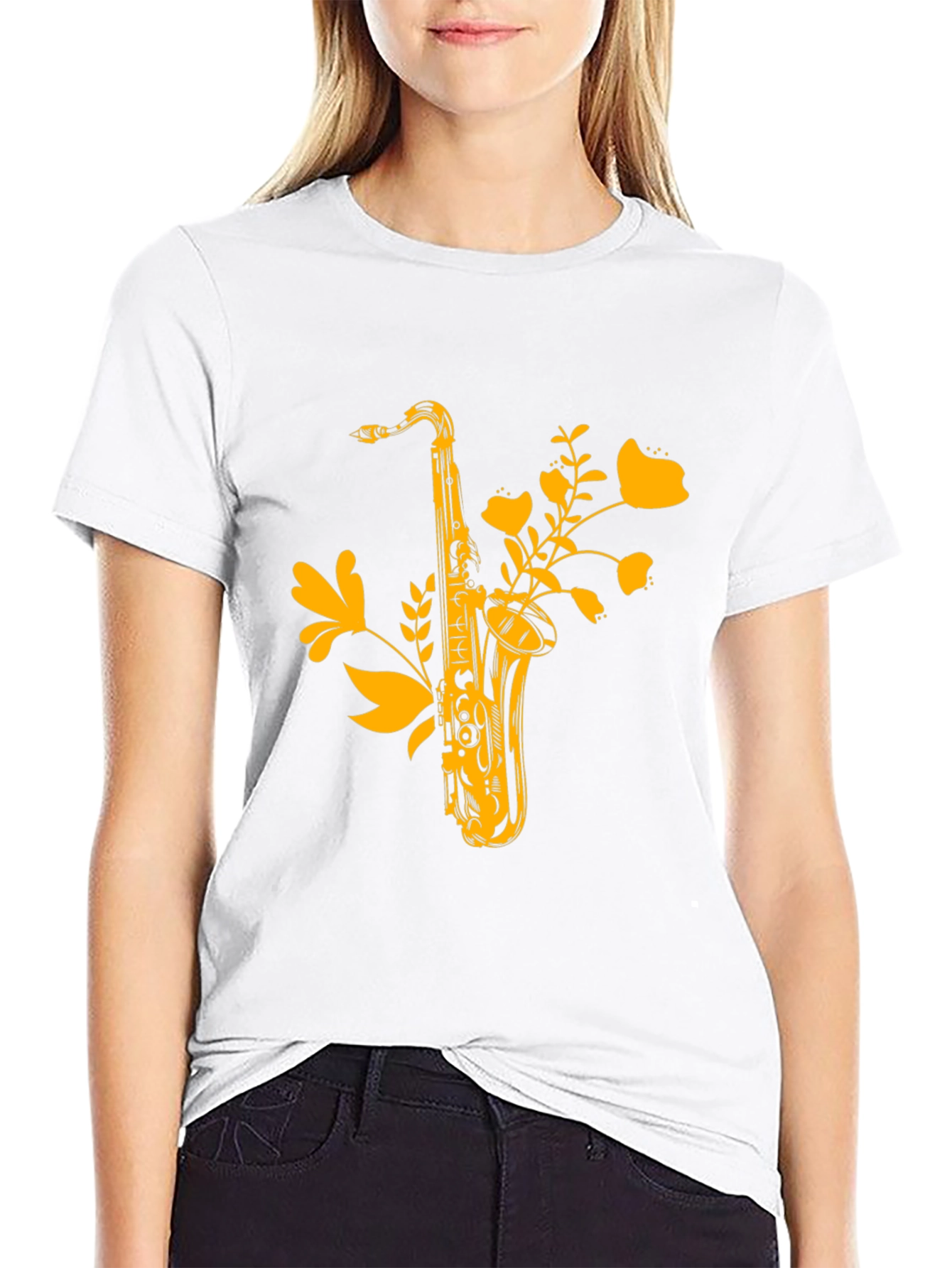Black Saxophone Floral Graphic Tee - Black Cotton Comfort view 9