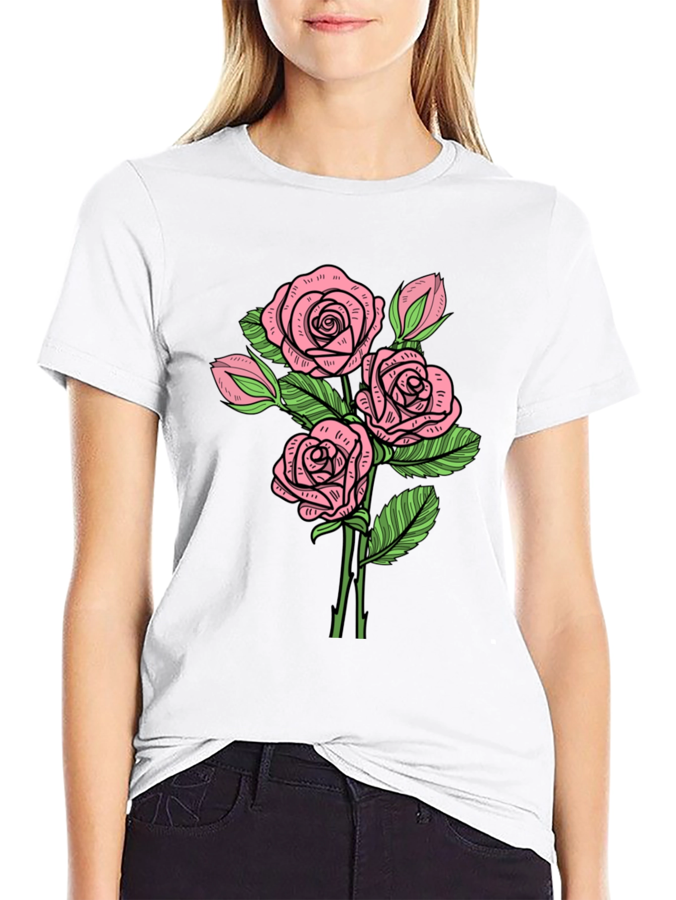 Black Floral Rose Print Crew Neck T-Shirt view 9