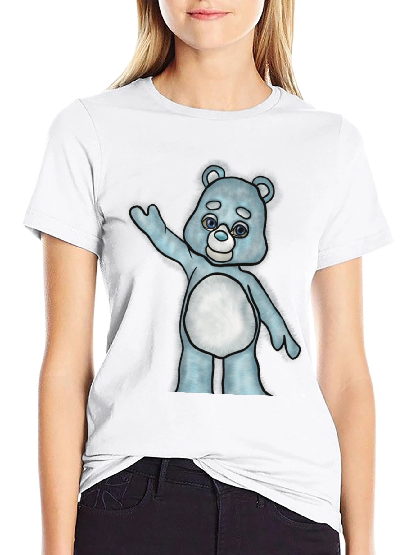 Black Cute Cartoon Bear Graphic T-Shirt - Black Cotton Tee view 9