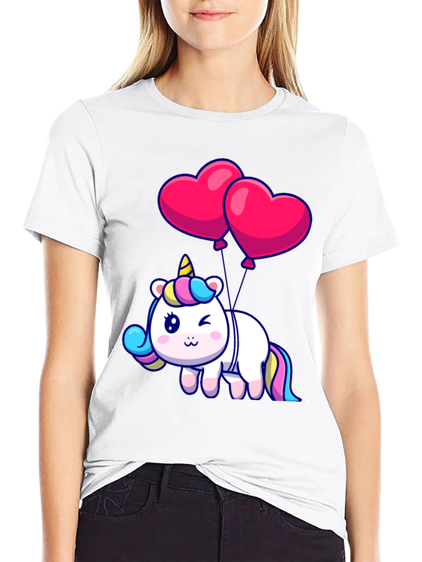 Black Unicorn with Heart Balloons Graphic Tee view 9