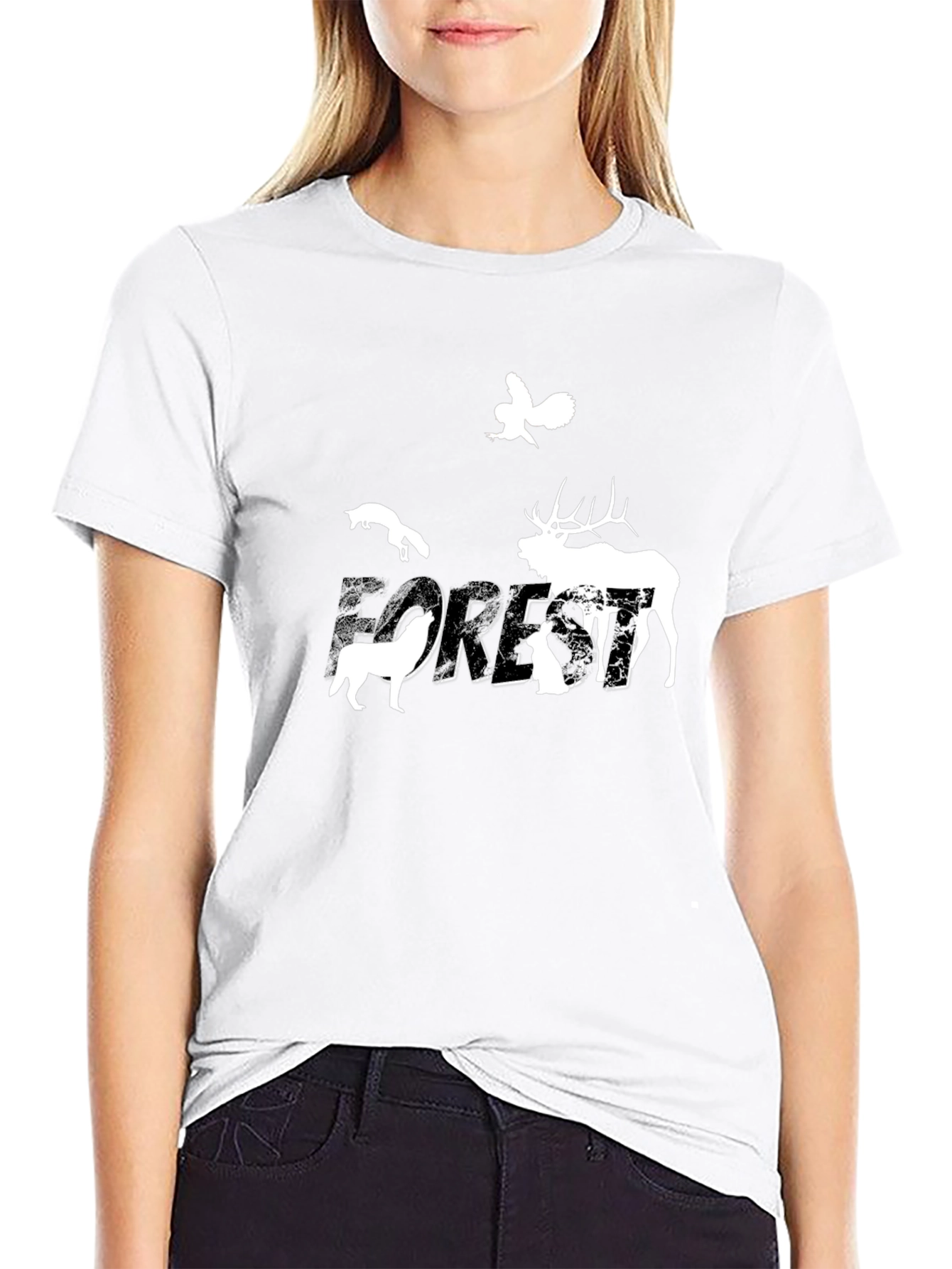 Black Nature Forest Animals Graphic Print Crew Neck Tee view 9