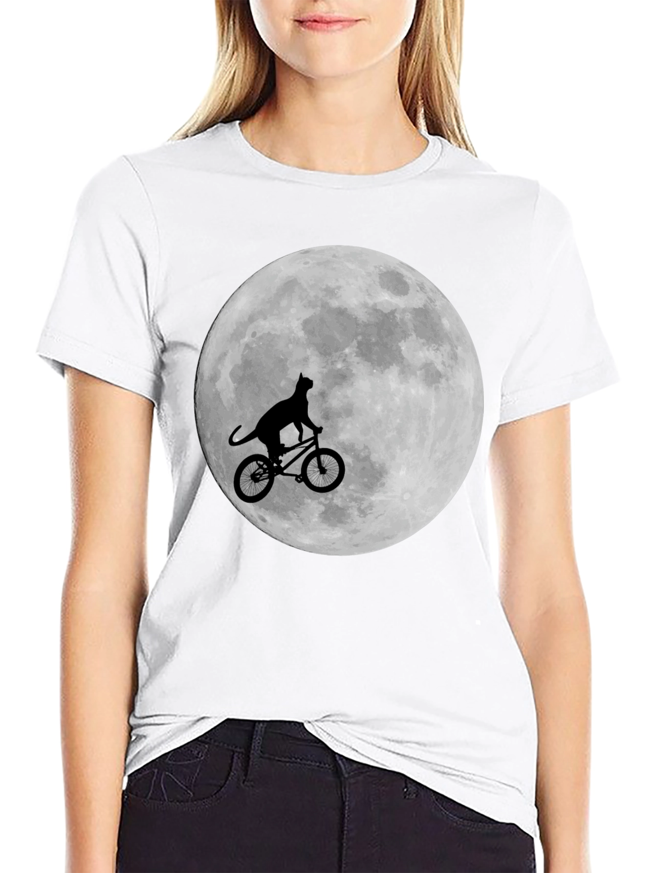 Black Cat on Bike Moon Graphic T-Shirt view 9
