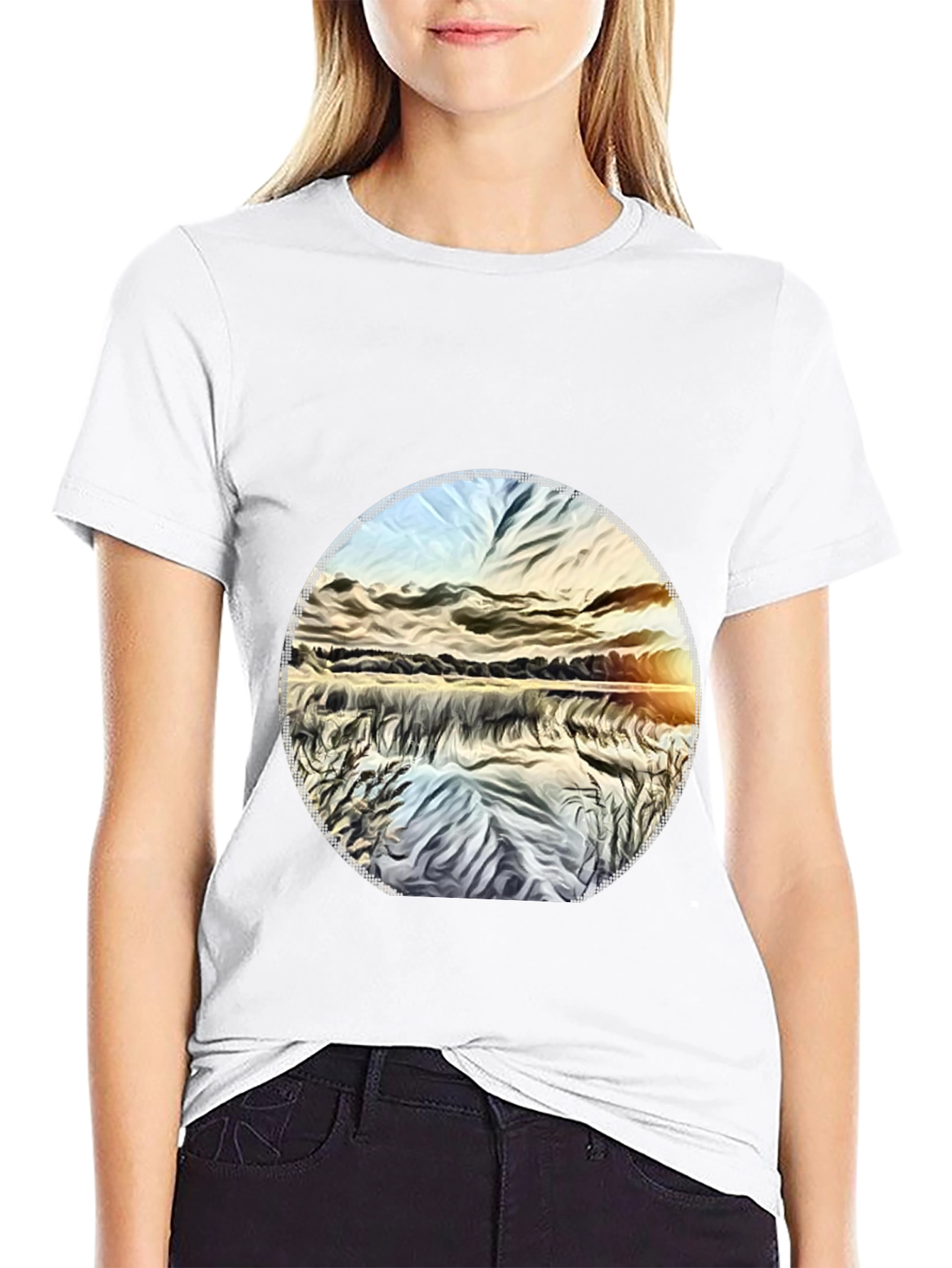 Black Sunset Lake Graphic Tee - Black Casual T-Shirt view 9