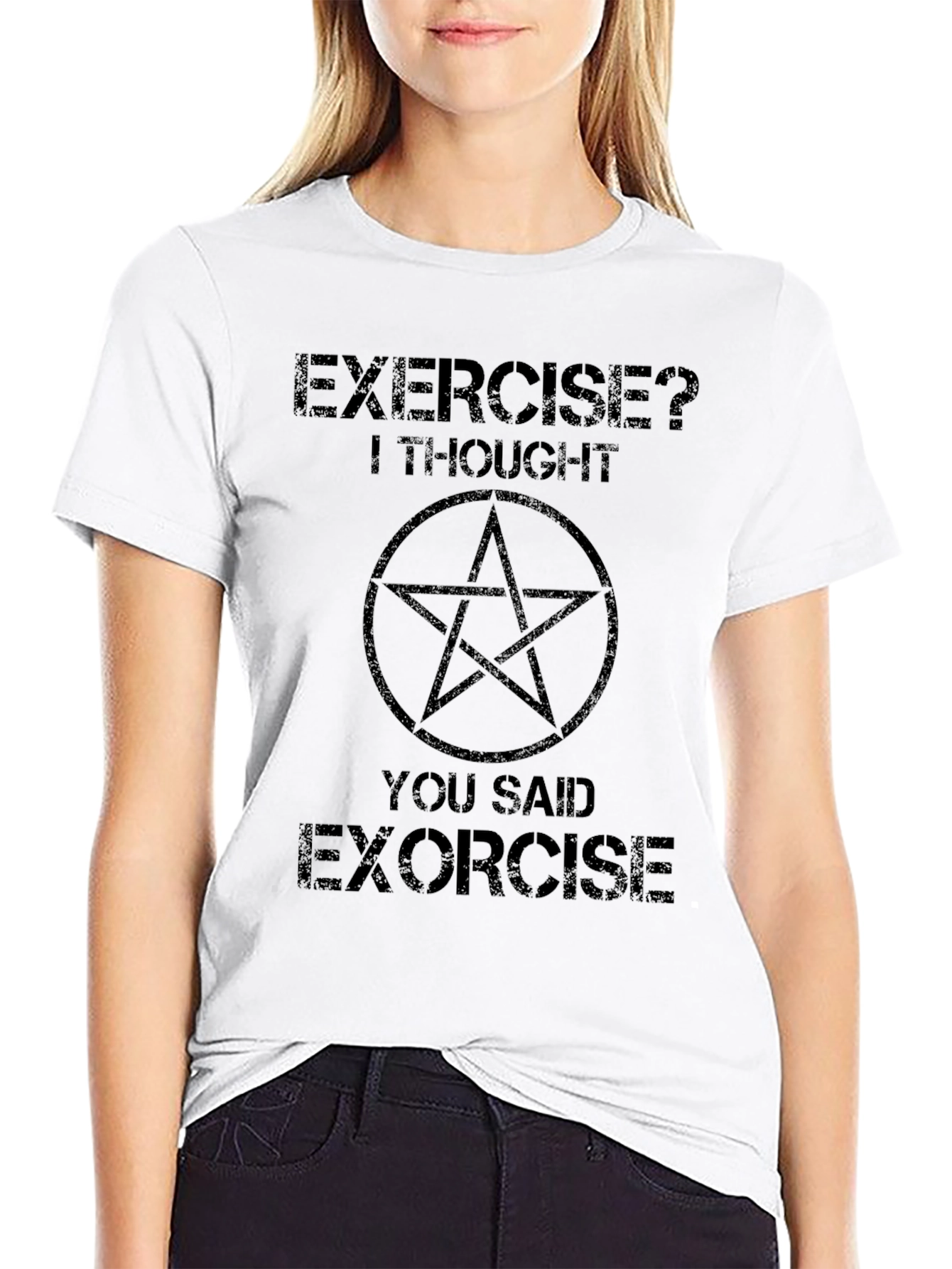 Black Exercise? Exorcise Funny Graphic Tee view 9