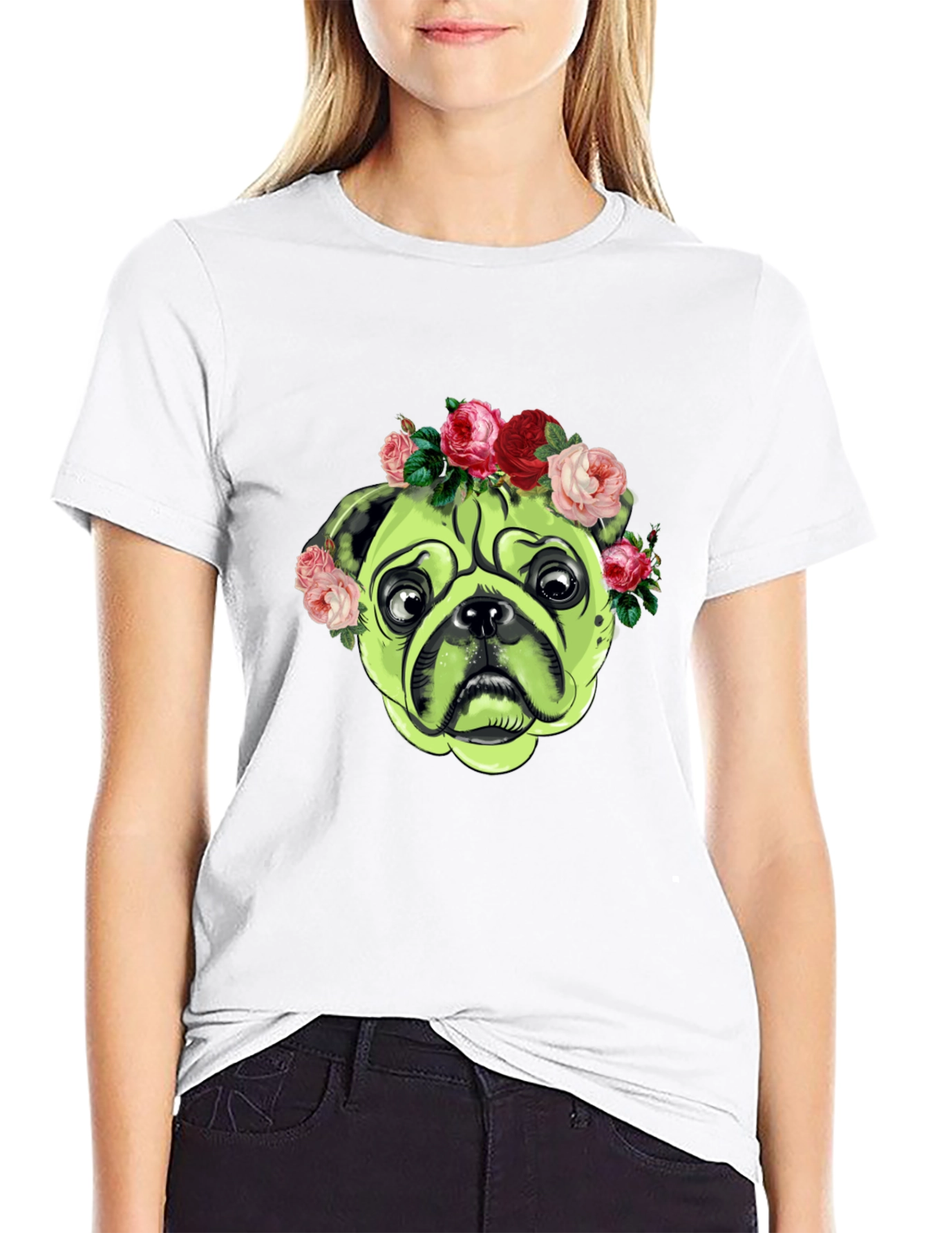 Black Pug with Floral Crown Graphic T-Shirt view 9