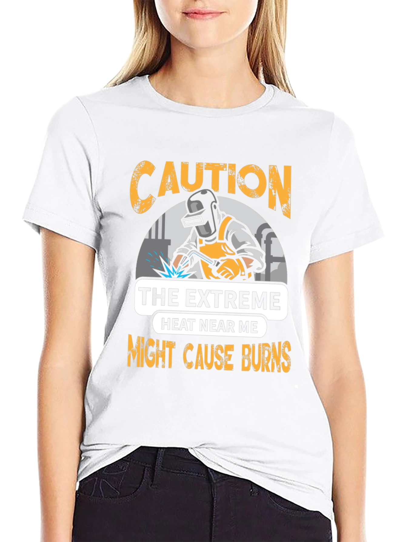 Black Caution Welder T-Shirt: Extreme Heat Burns Risk view 9
