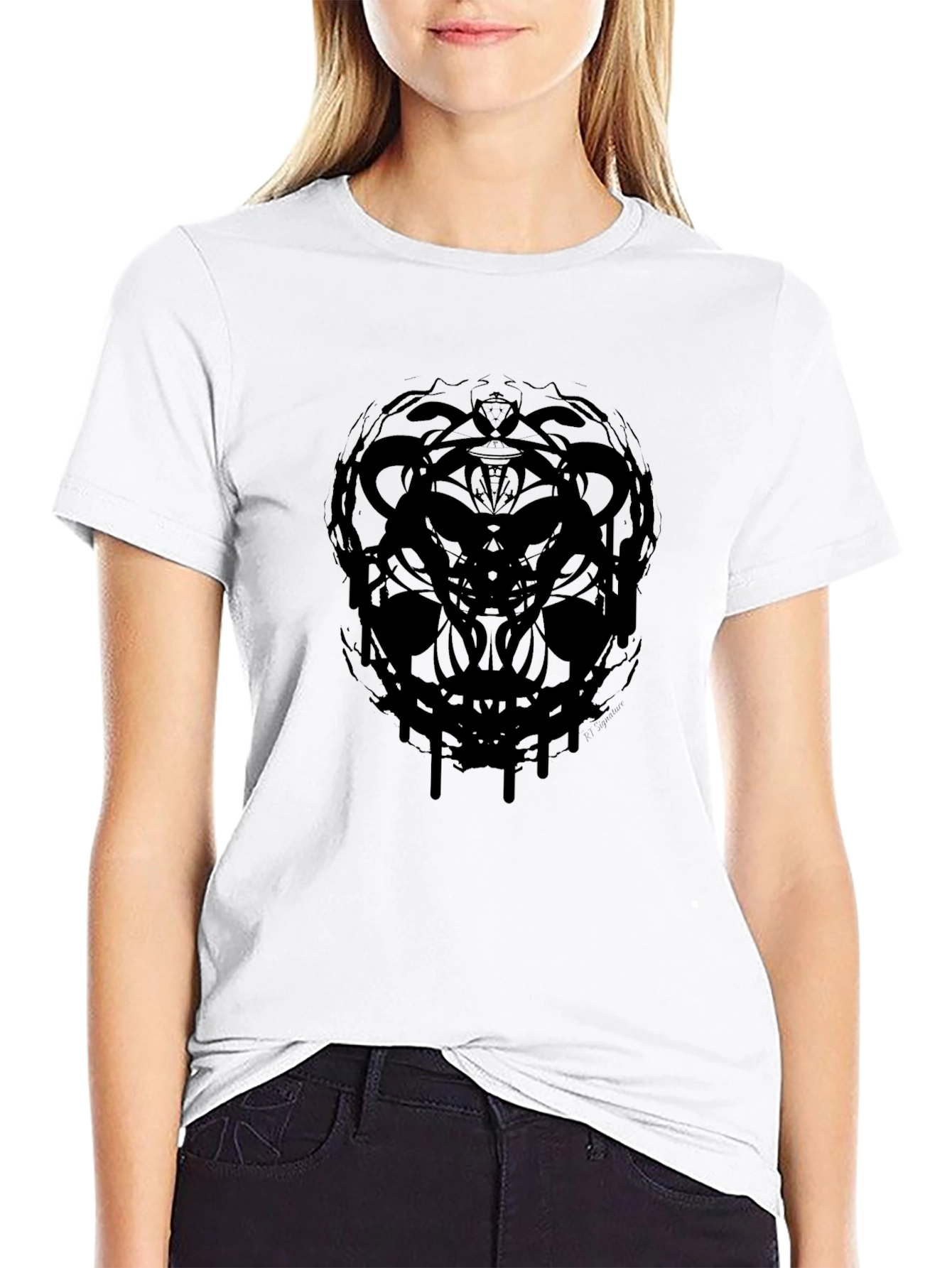 Black Men's Black Graphic Tee - Abstract Skull Design view 9