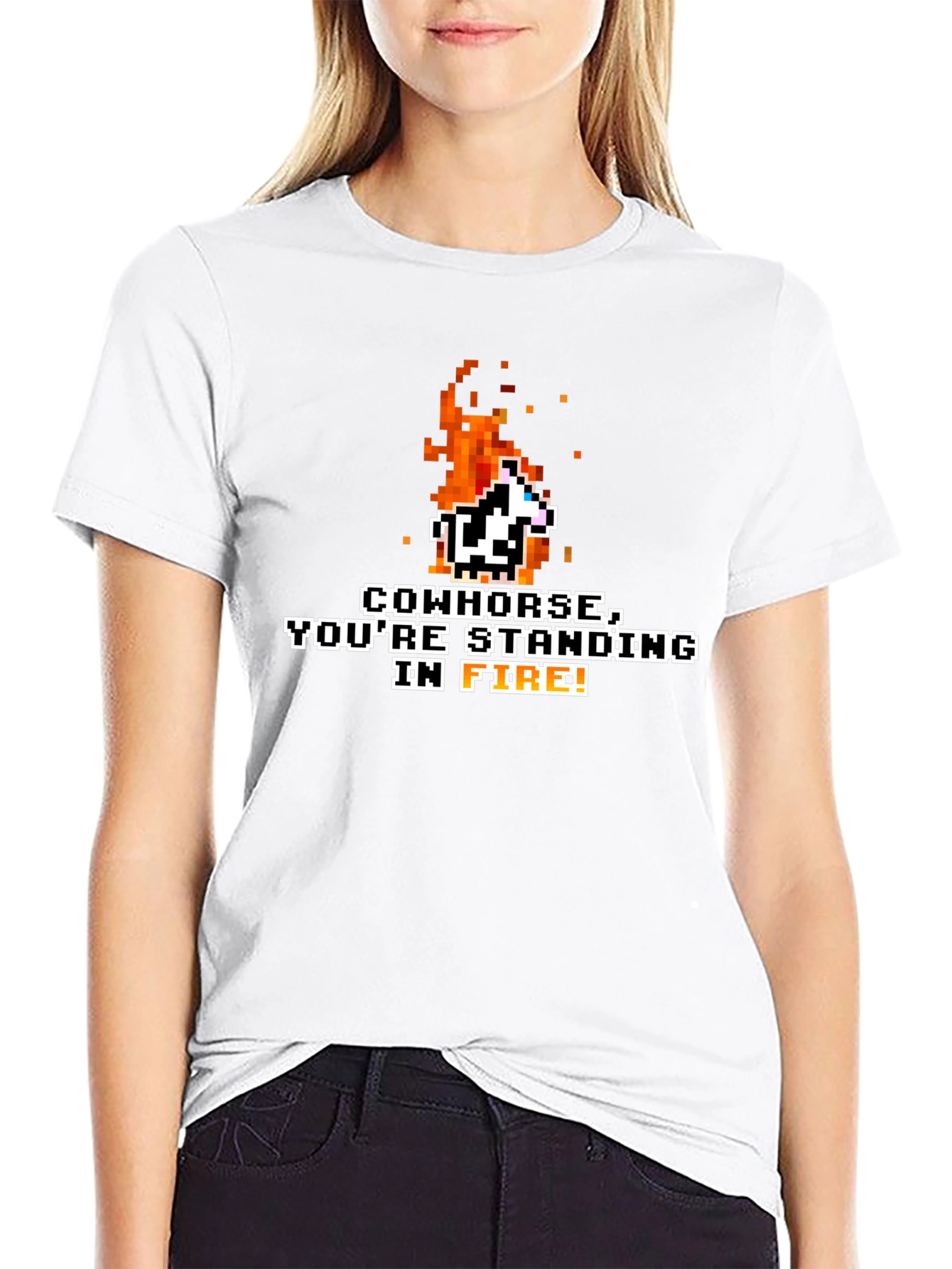 Black Cowhorse You're Standing In Fire T-Shirt Pixel Graphic Novelty Tee view 9