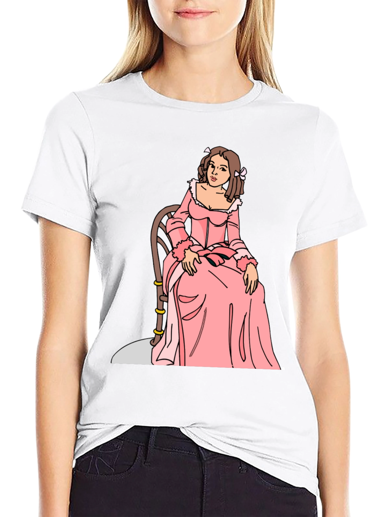 Black Cartoon Woman Pink Dress Black T-Shirt view 9