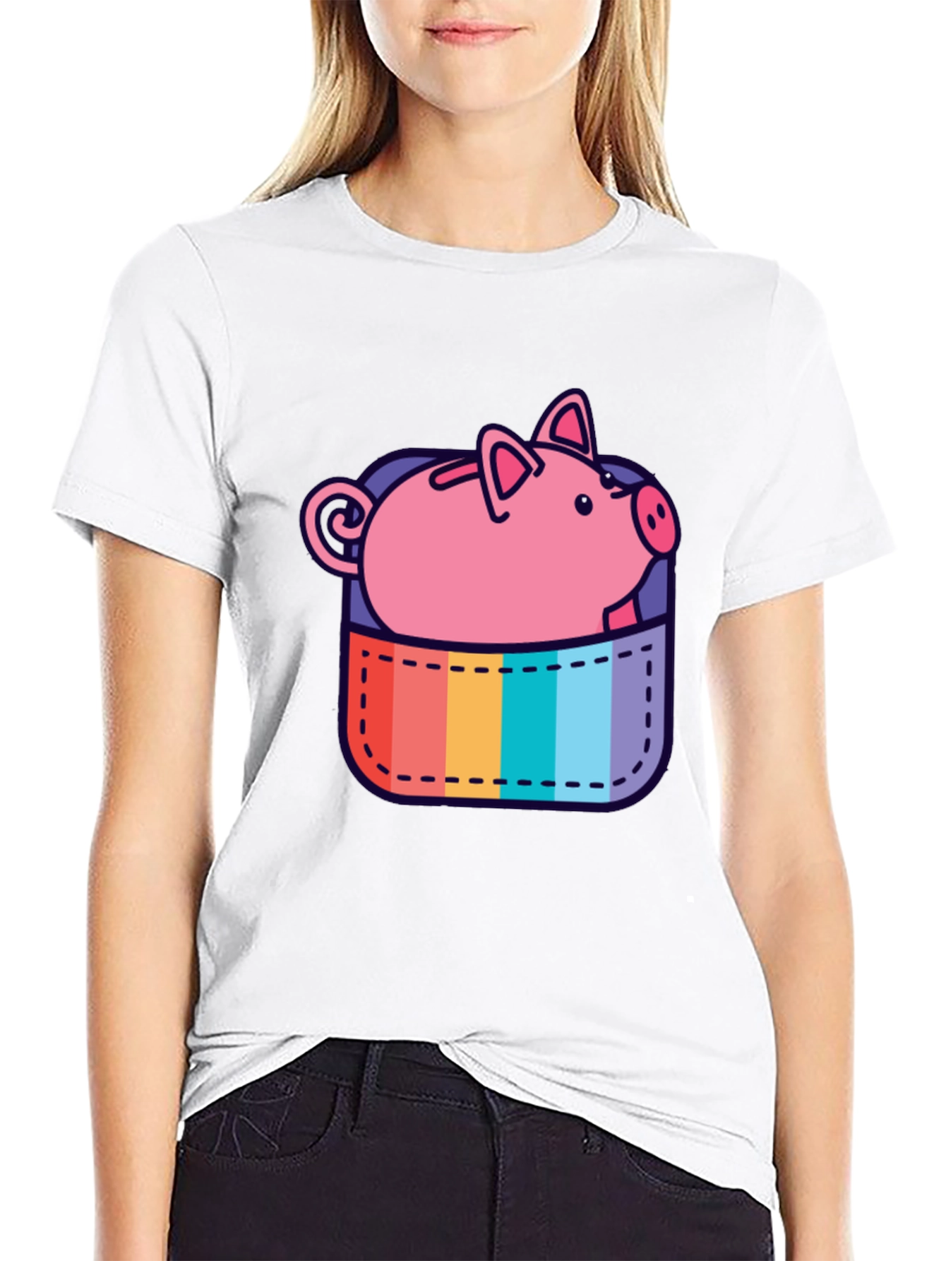 Black Rainbow Pocket Piggy Bank T-Shirt view 9