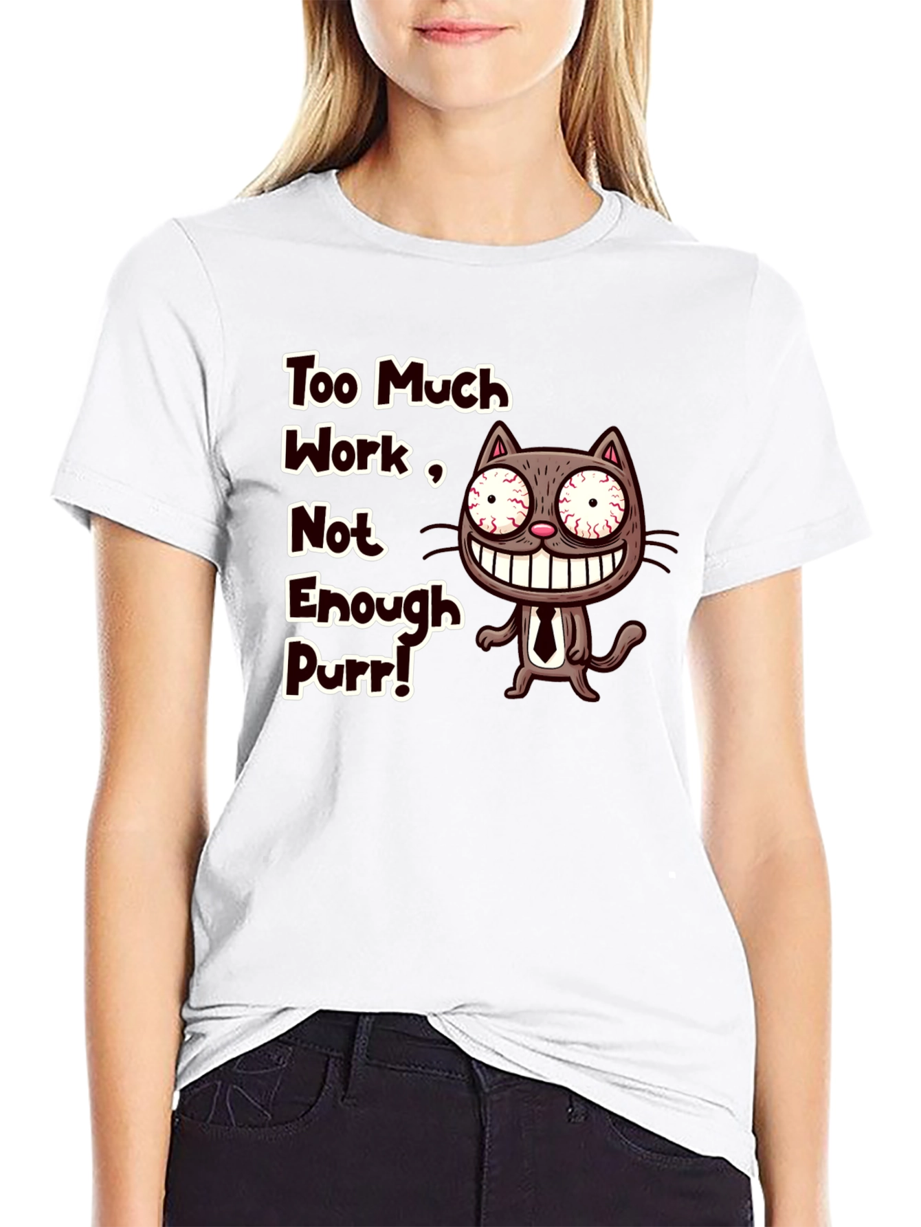 Black Too Much Work Cat T-Shirt - Funny Graphic Tee view 9