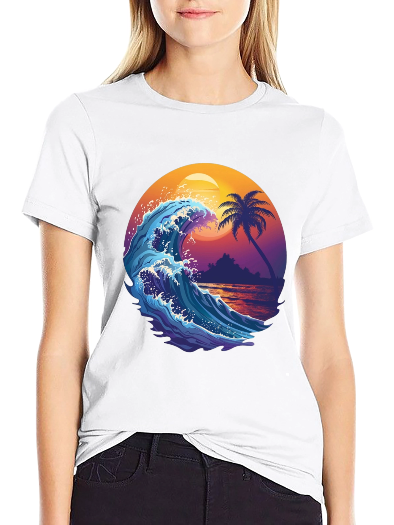Black Wave & Palm Tree Graphic Tee - Tropical Summer Vibes! view 9