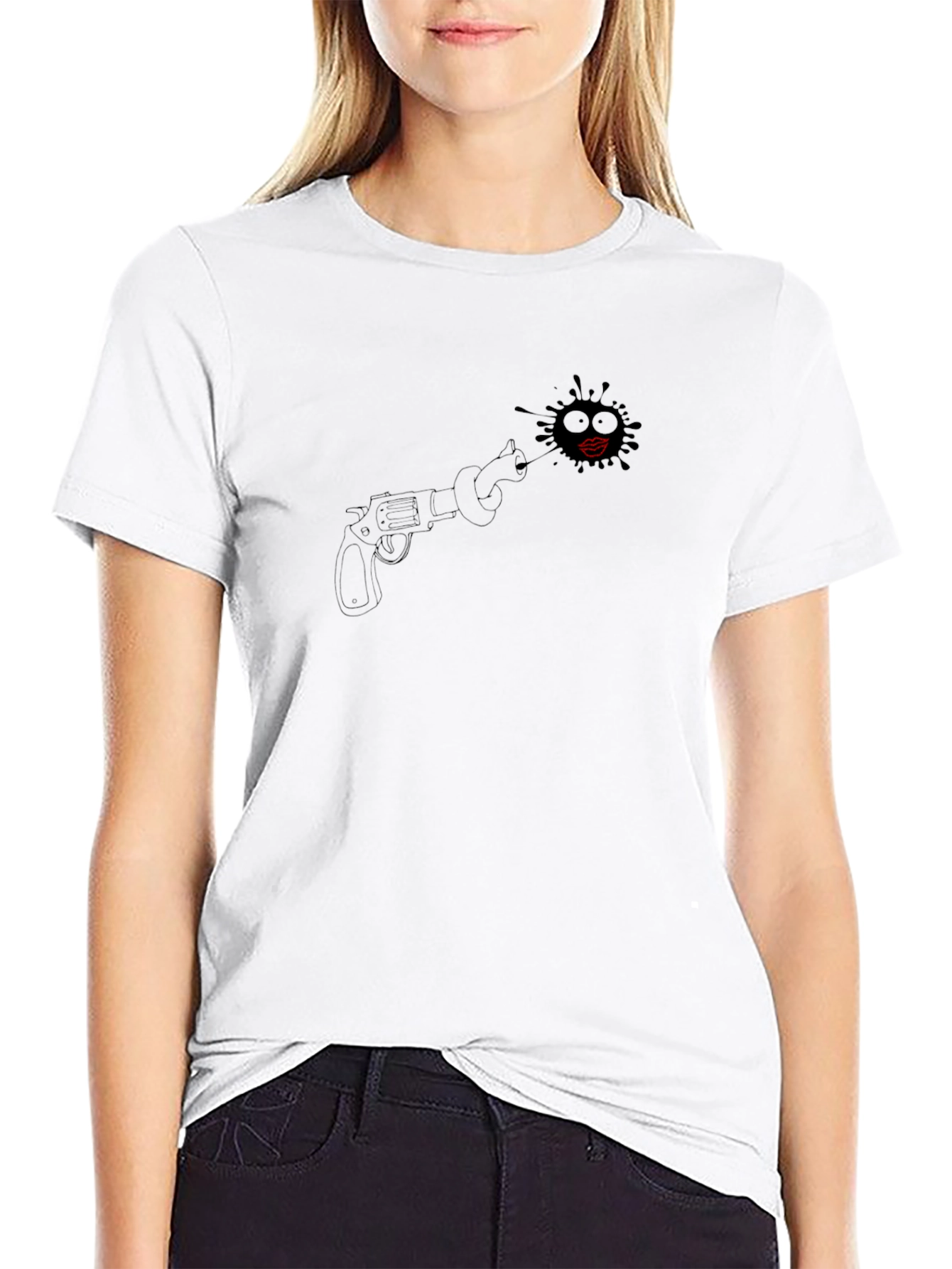 Black Black T-Shirt with Revolver and Lips Design view 9