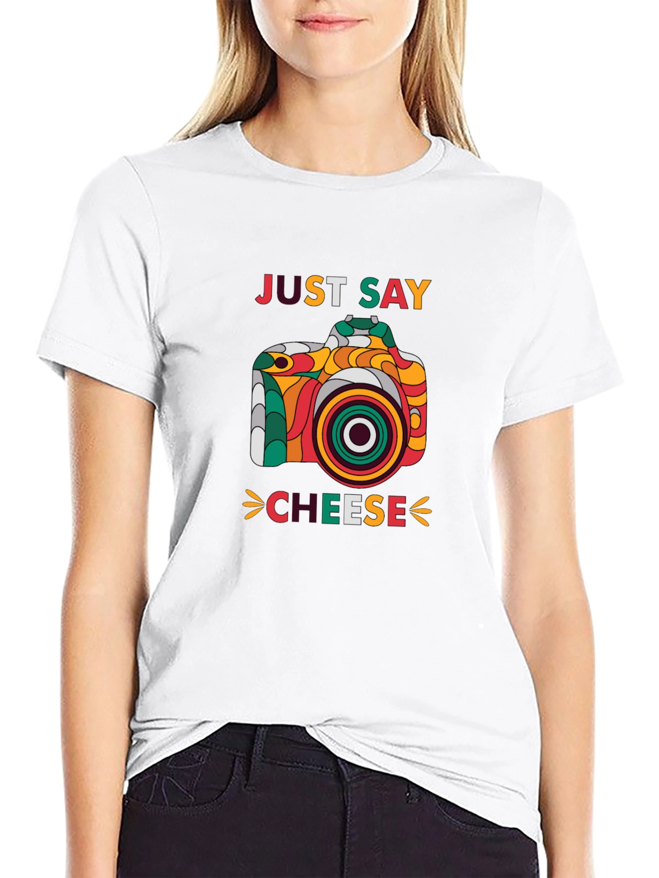 Black Just Say Cheese Camera Graphic T-Shirt view 9